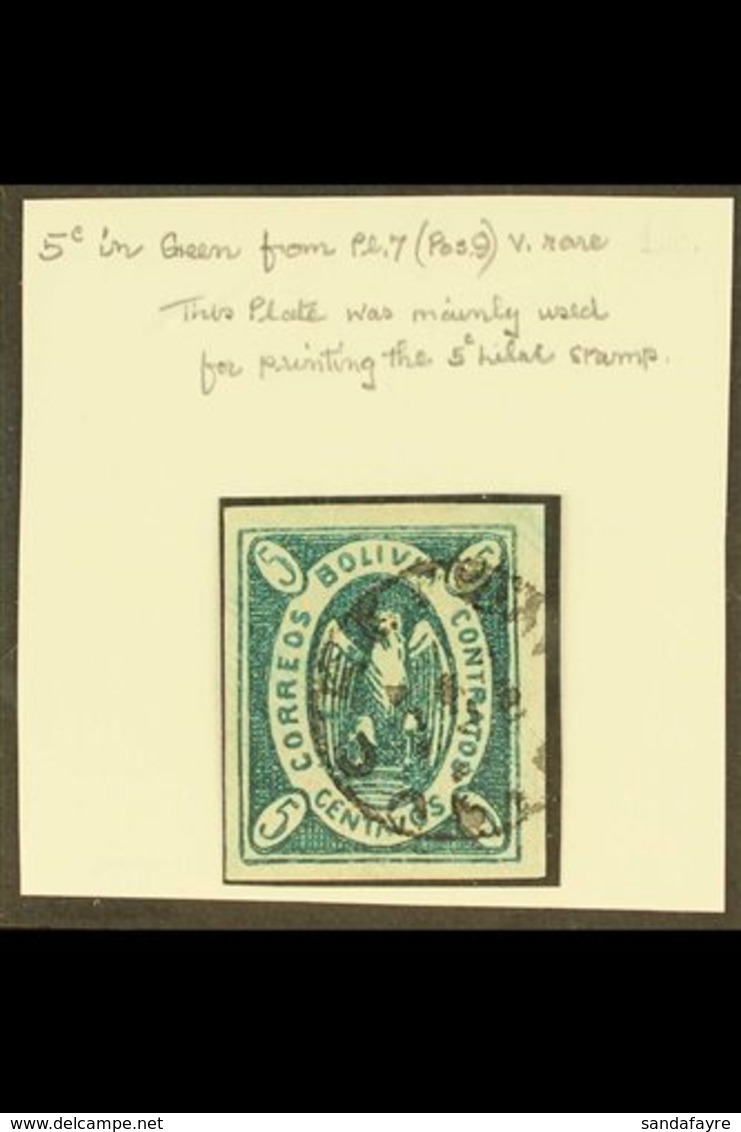 \Y 1867-68\Y 5c Green Condor From Plate 7 (position 9) Superb Used Example With 4 Large Margins. Identified By Peter Hol - Bolivie