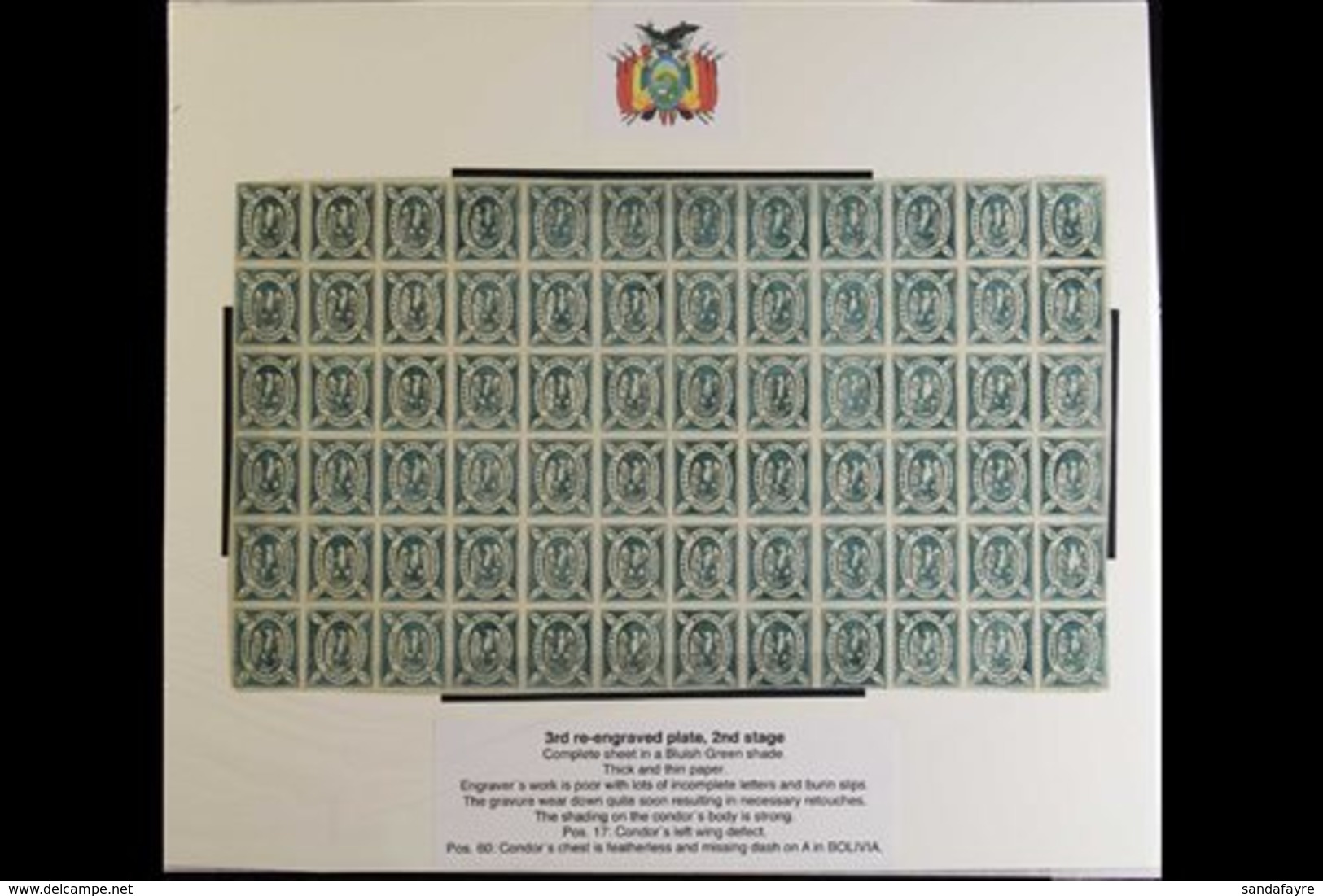 \Y 1867-68\Y CONDOR 5c Bluish Green (3rd Re-engraving, 2nd Stage) - A COMPLETE  MINT SHEET OF 72 STAMPS (12 X 6), Lovely - Bolivia