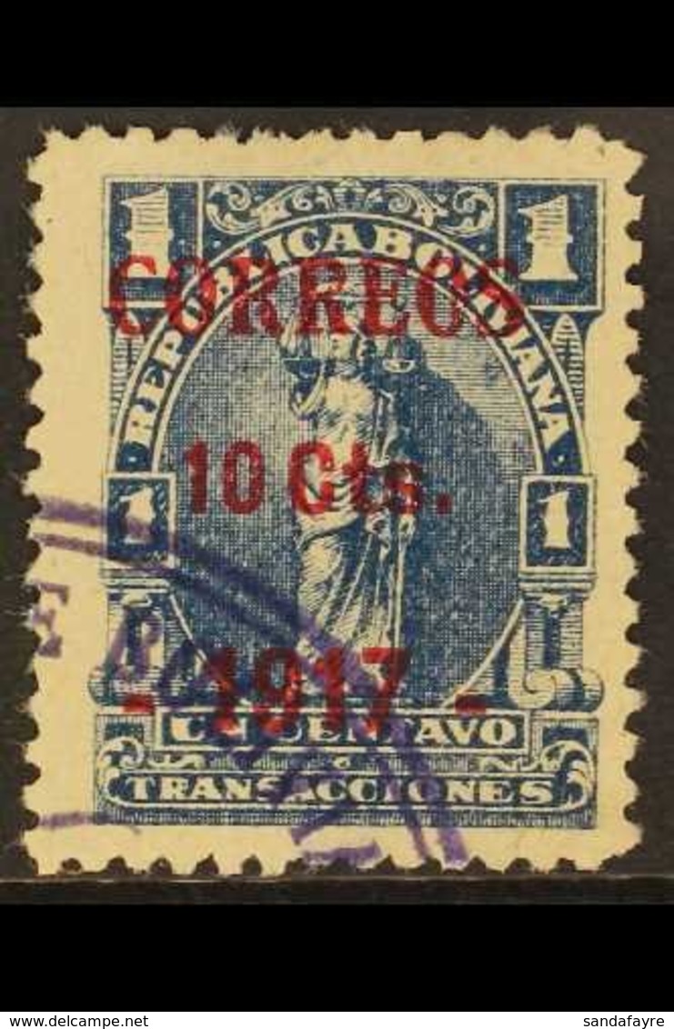 \Y 1917 COBIJA PROVISIONAL.\Y 1917 10c On 1c Blue Local Overprint Type 1 (Scott 102, SG 148c), Used With Part Of Violet  - Bolivia