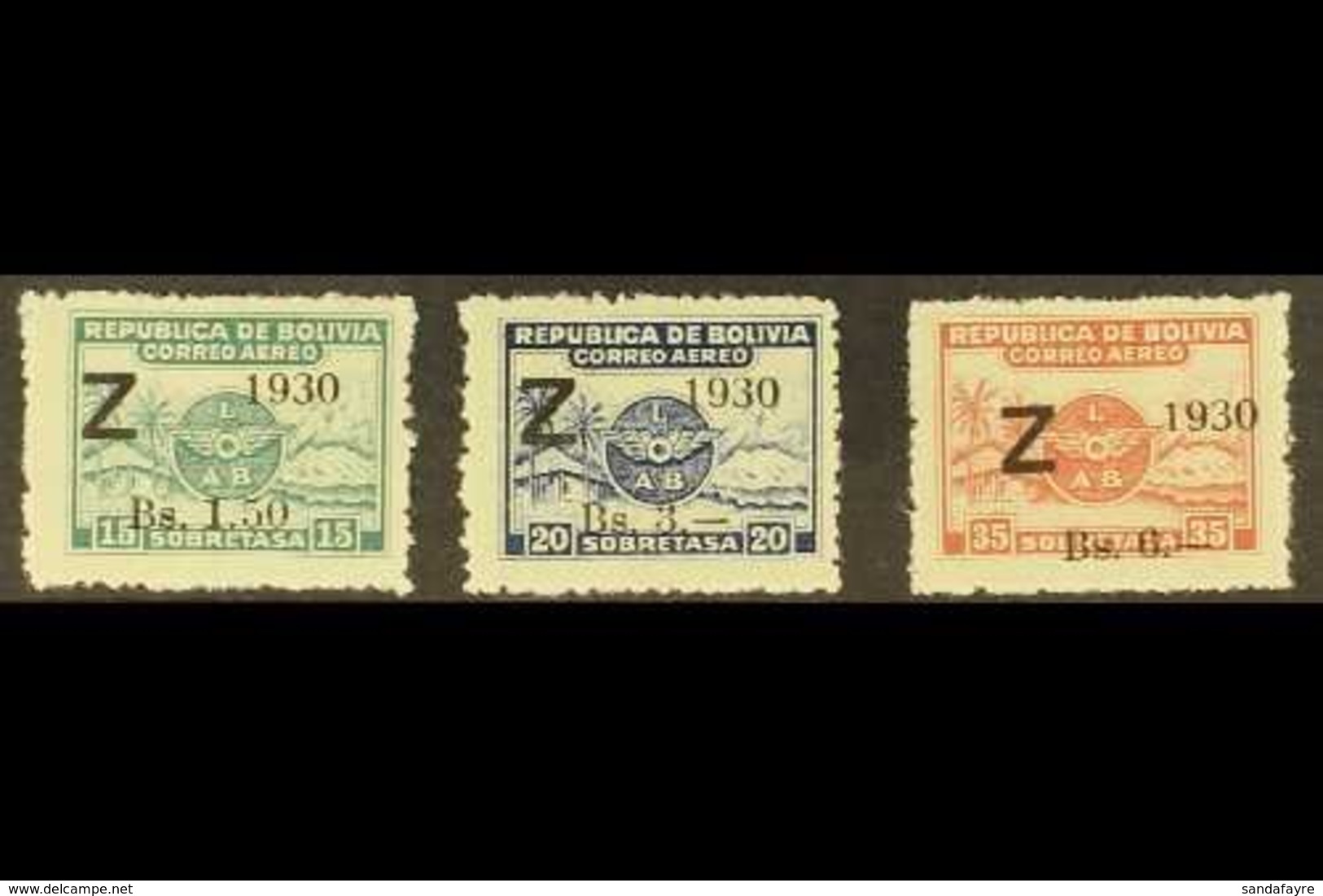 \Y 1930\Y Air Graf Zeppelin "Z" Overprints Complete Set (Scott C24/26, SG 241/43), Fine Mint, Usual Rough Perfs, 3b On 2 - Bolivia