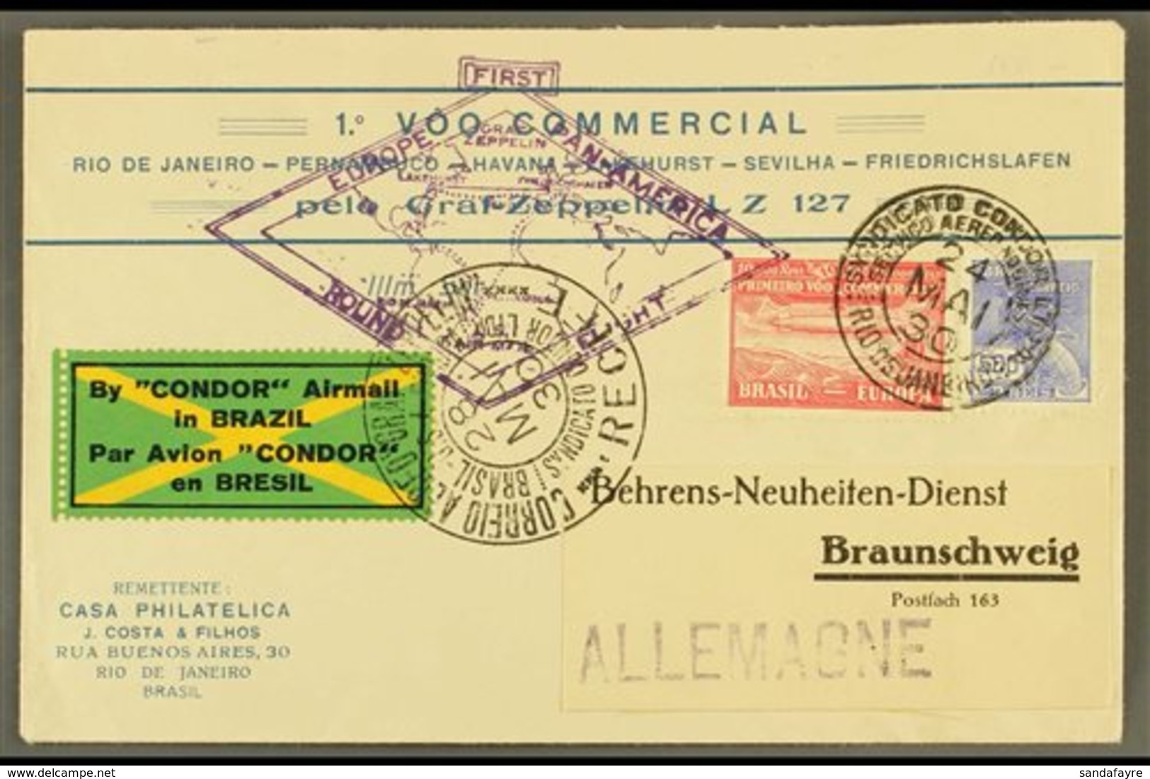 \Y 1930\Y 1st Commercial Flight Graf Zeppelin-Condor From Rio To Friedrichshafen, Cover Franked Condor 10,000r Zeppelin  - Other & Unclassified
