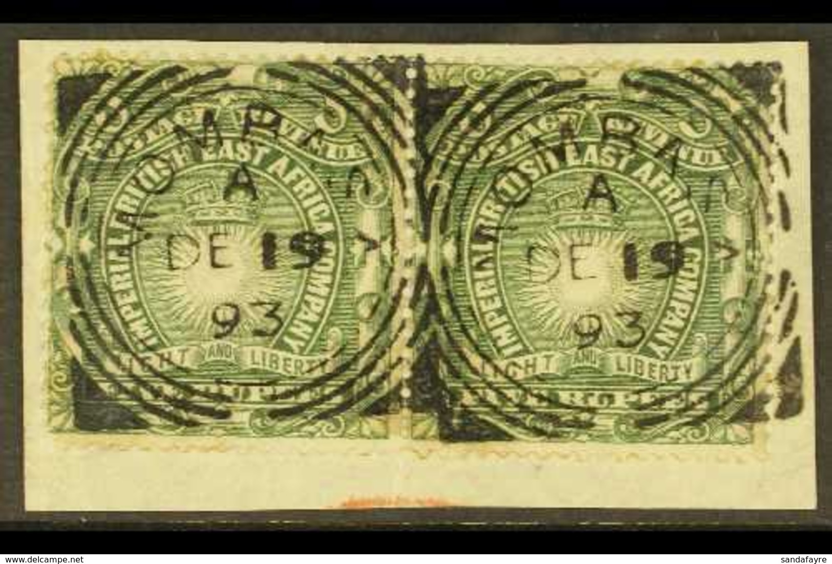 \Y 1890\Y 5r Grey-green, SG 19, Horizontal Pair On A Piece, Tied Neat Upright Mombasa Squared Circles Of December 1893,  - British East Africa