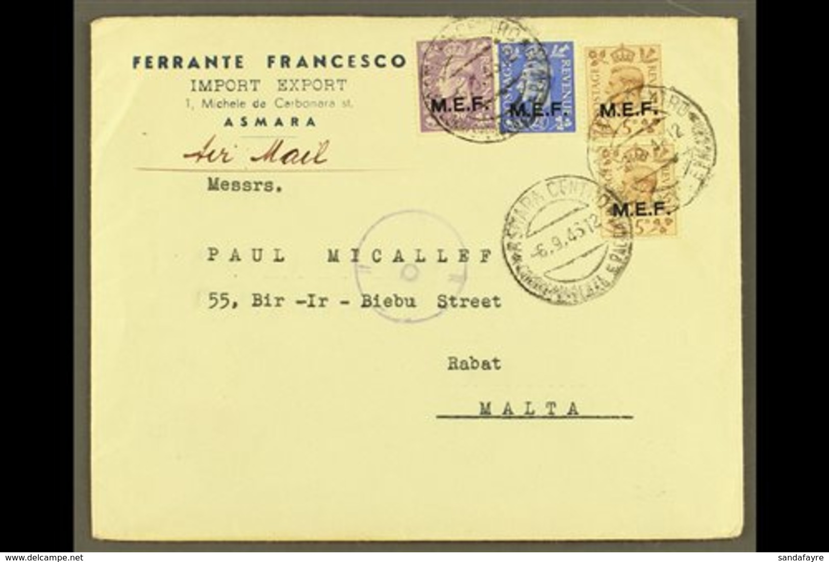 \Y ERITREA\Y 1945 Commercial Cover To Malta, Franked With 2½d, 3d & 5d Pair Of KGVI "M.E.F." Overprints, SG M13/15, Asma - Italienisch Ost-Afrika