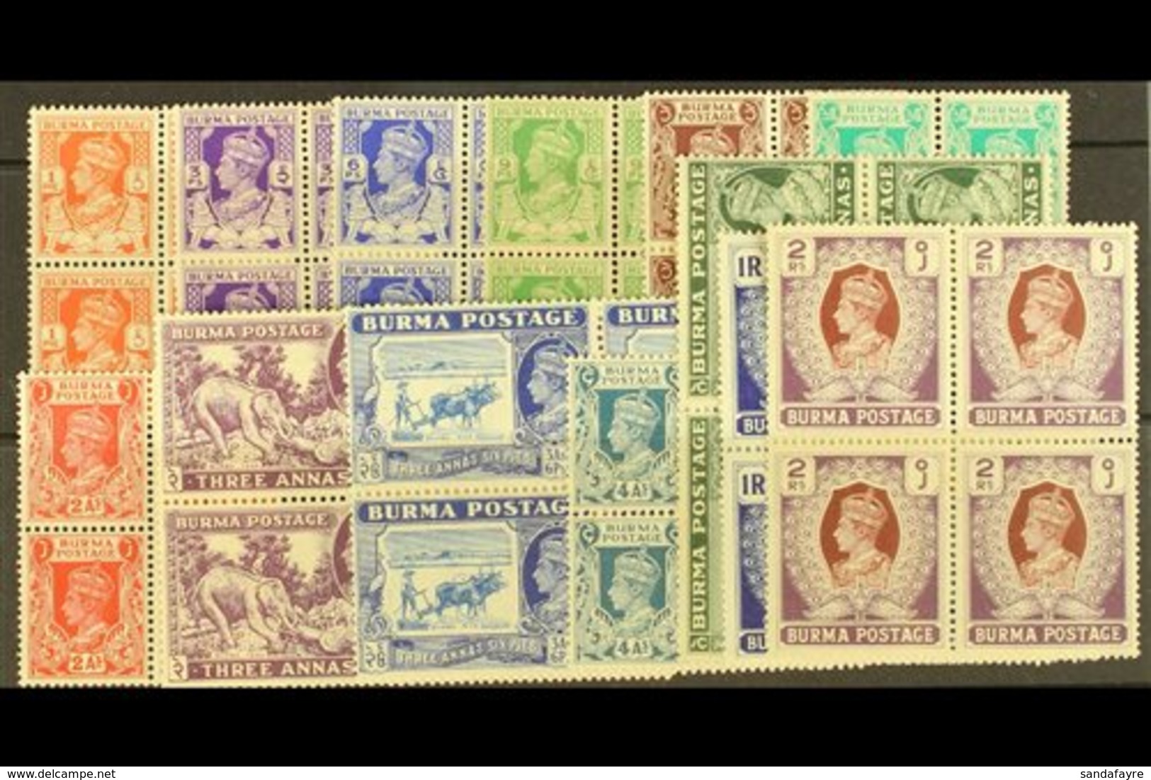 \Y 1938-40\Y Pictorial Definitives Complete (less 3a Dull Violet) To 2r Each In A Never Hinged Mint BLOCK OF FOUR, SG  ( - Burma (...-1947)