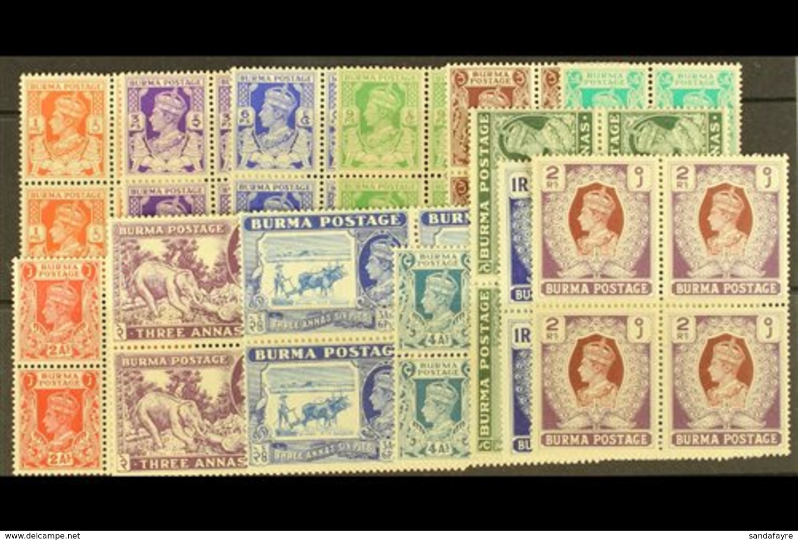 \Y 1938-40\Y Pictorial Definitives Complete (less 3a Dull Violet) To 2r Each In A Never Hinged Mint BLOCK OF FOUR, SG  ( - Birmanie (...-1947)