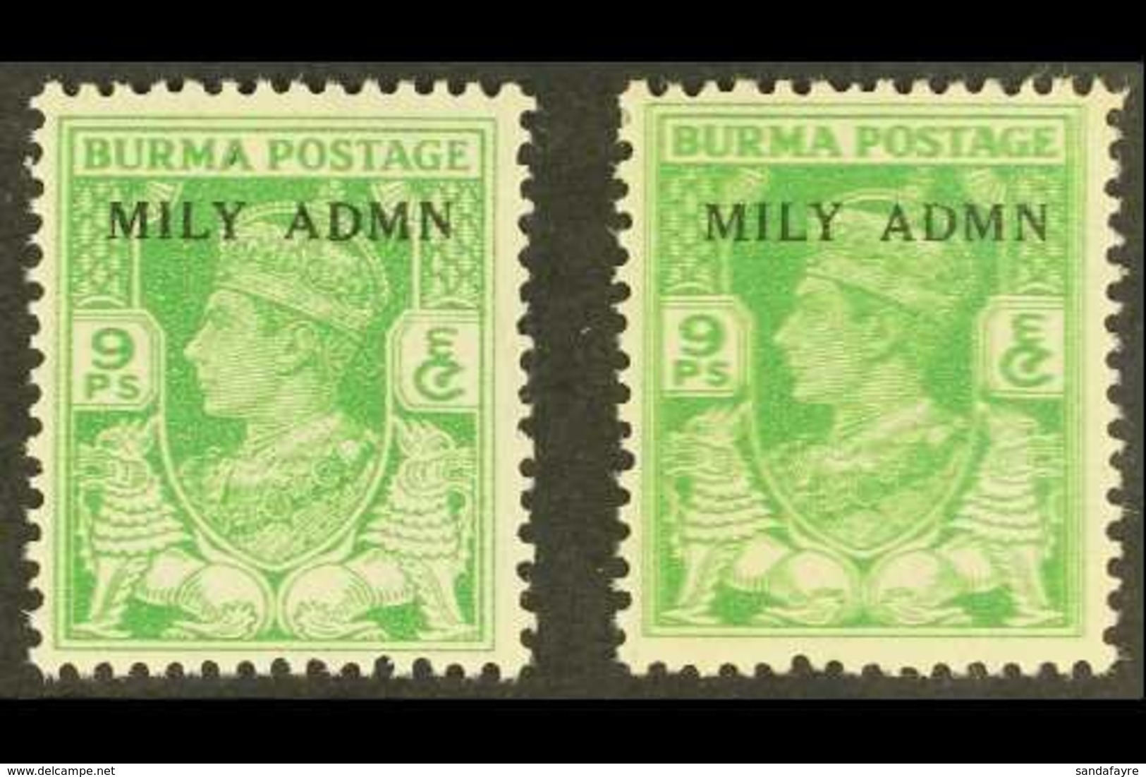 \Y 1945\Y 9p Yellow- Green "Mily Admn" With STAMP PRINTED DOUBLE, SG 38 Variety, Never Hinged Mint, With A Normal For Co - Burma (...-1947)