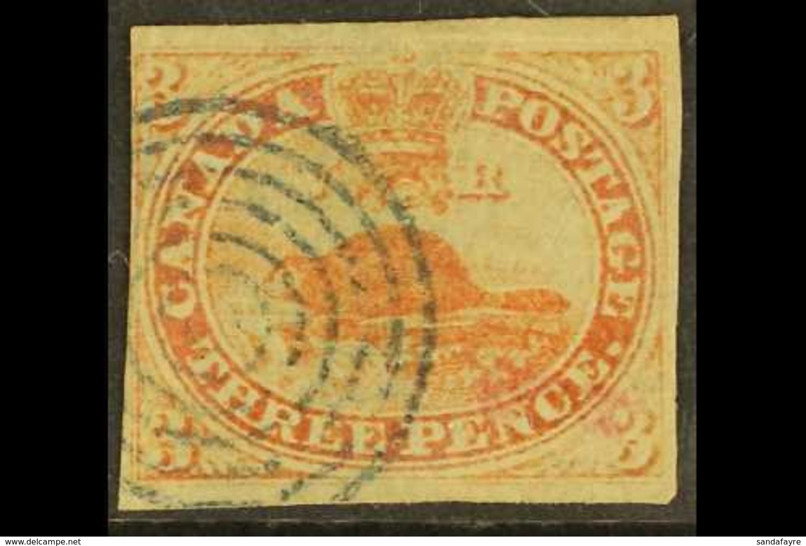 \Y 1851\Y 3d Red "Beaver" Imperf On Laid Paper, SG 1, Good Used With Three Good To Large Margins And Neat Target Cancell - Other & Unclassified