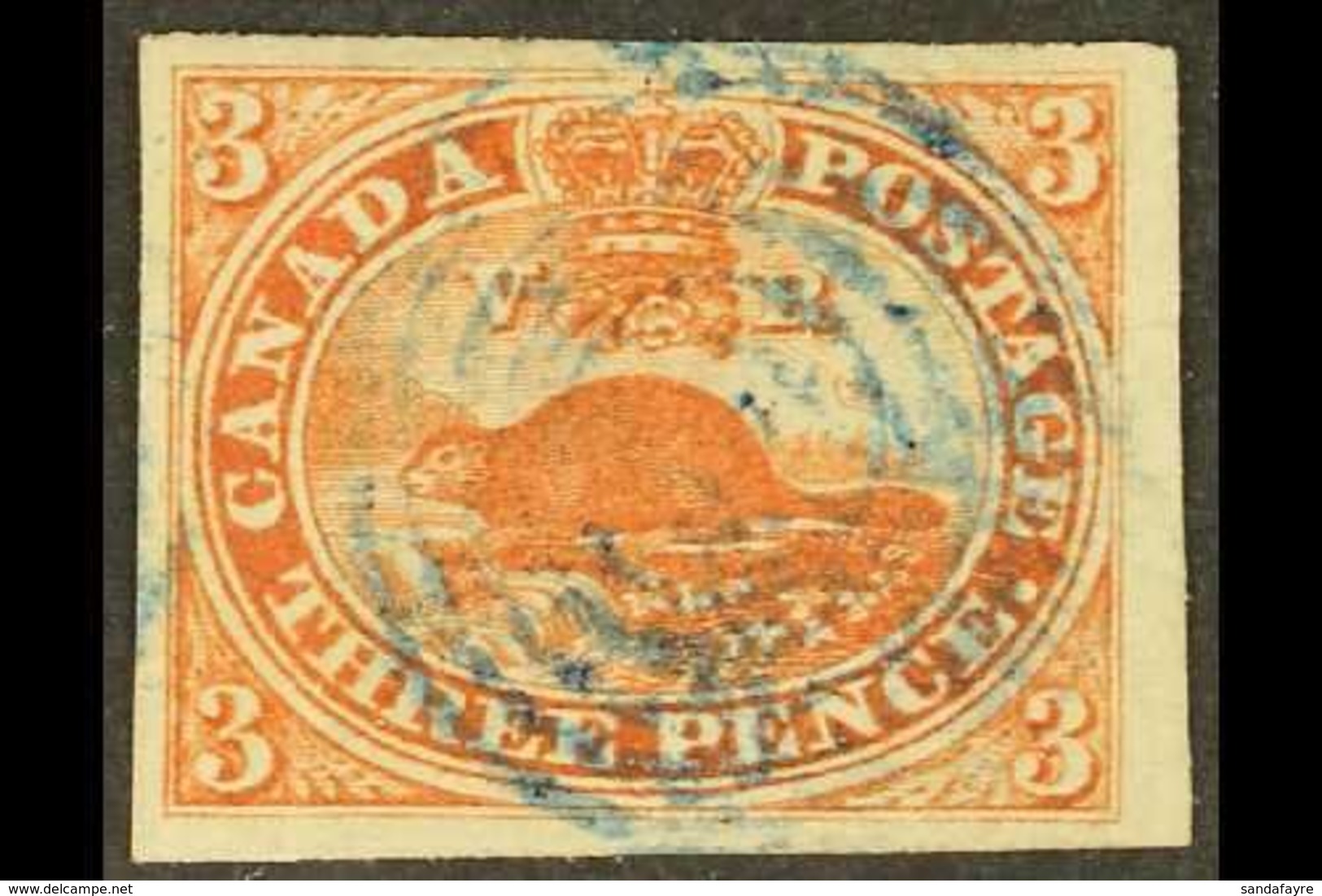 \Y 1852\Y 3d Deep Red On Wove Paper, SG 6, Very Fine Used With Large Margins All Round And Neat Central Blue Cancel. For - Other & Unclassified