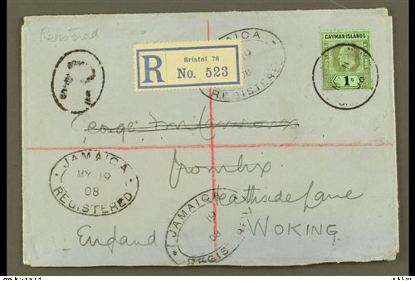 \Y 1908\Y (11 May) Registered Cover To England, Bearing 1907-09 1s Wmk CA Stamp (SG 33) Tied By Cds Cancel, With Registr - Cayman Islands