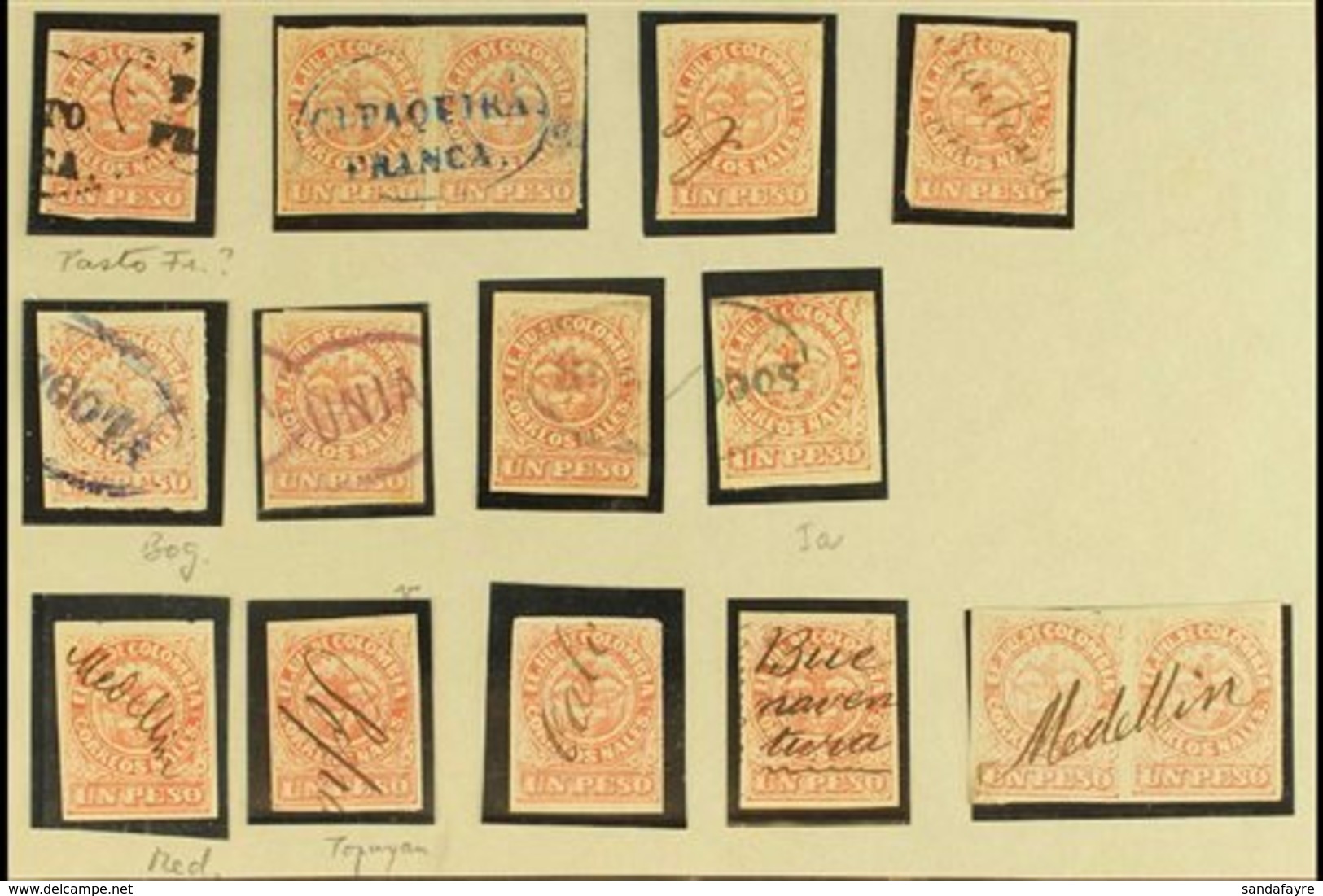 \Y 1868\Y 1p Rose Red Type I (Scott 57b, SG 56) - Fifteen Used Examples Incl Two Pairs Wit Postmark Interest Such As Ova - Colombie