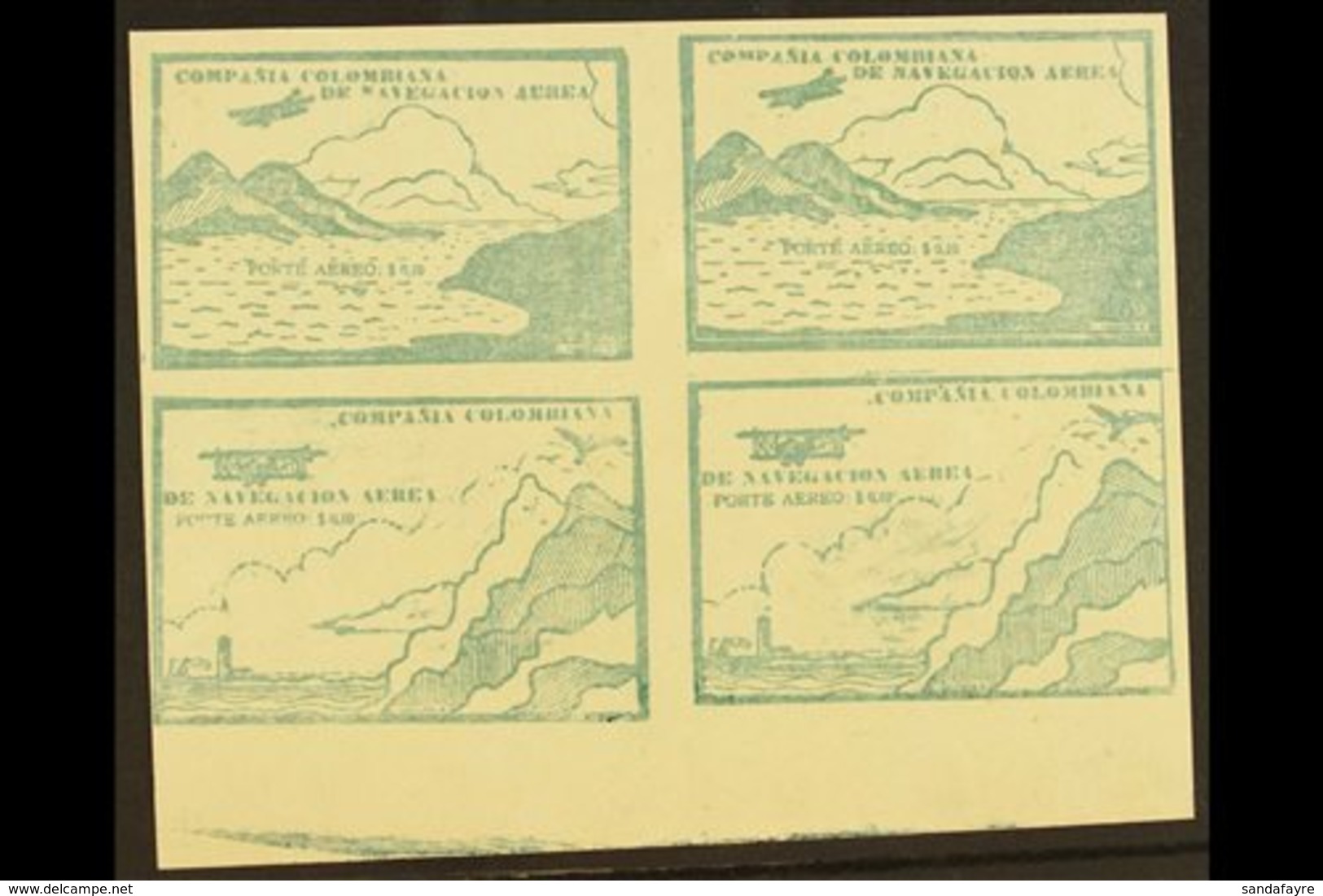 \Y SCADTA\Y 1920 10c Green Top Bottom Marginal Imperf SE-TENANT BLOCK Of 4, Containing Two 'Sea And Mountain' And Two 'C - Colombie