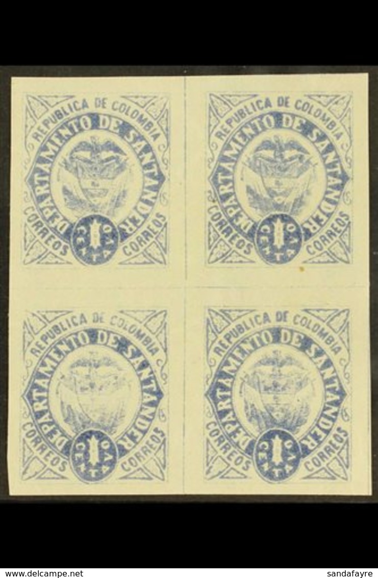 \Y DEPARTMENT OF SANTANDER\Y 1889 1c Blue IMPERF Block Of Four PRINTED BOTH SIDES, As SG 10 (Scott 10), Never Hinged Min - Colombia