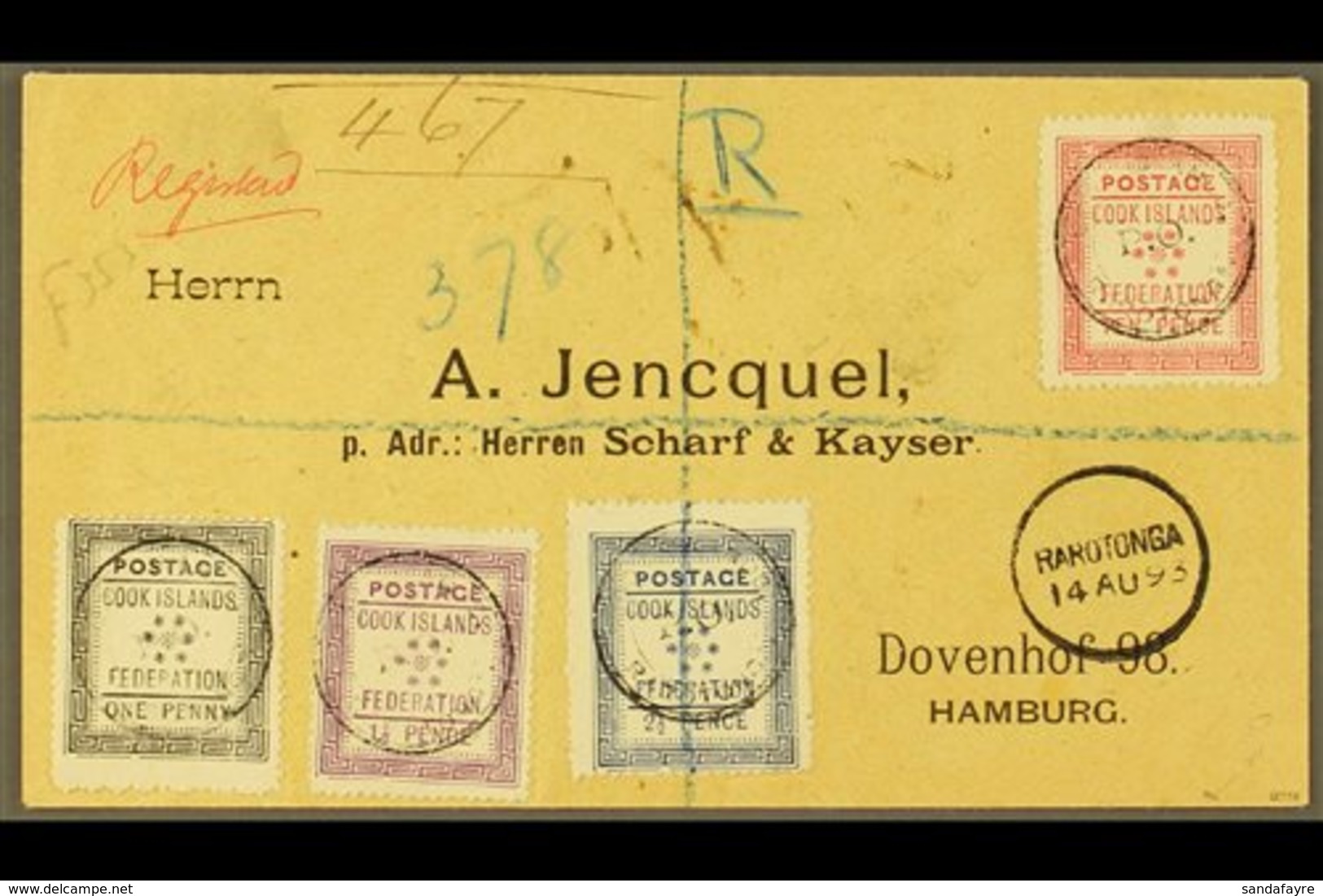 \Y 1893\Y (14th August) Rare Envelope Registered To Germany, Bearing The 1892 Set Of Four, SG 1/4, Tied By Black Cook Is - Cook Islands