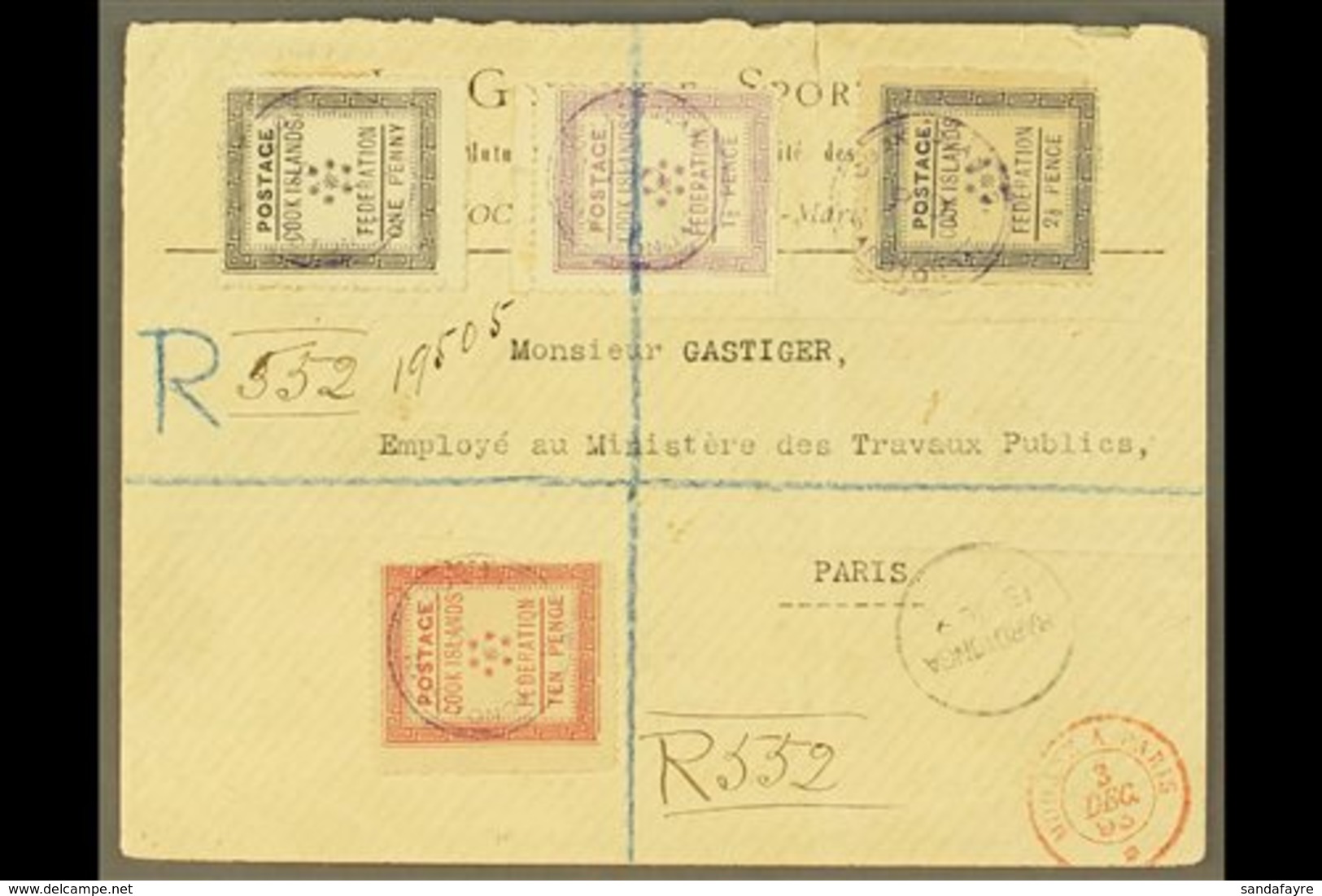 \Y 1893\Y (15th October) Rare Envelope Registered To Paris, Bearing 1892 Set Of Four Tied By Violet Cook Islands P O Rar - Cook Islands