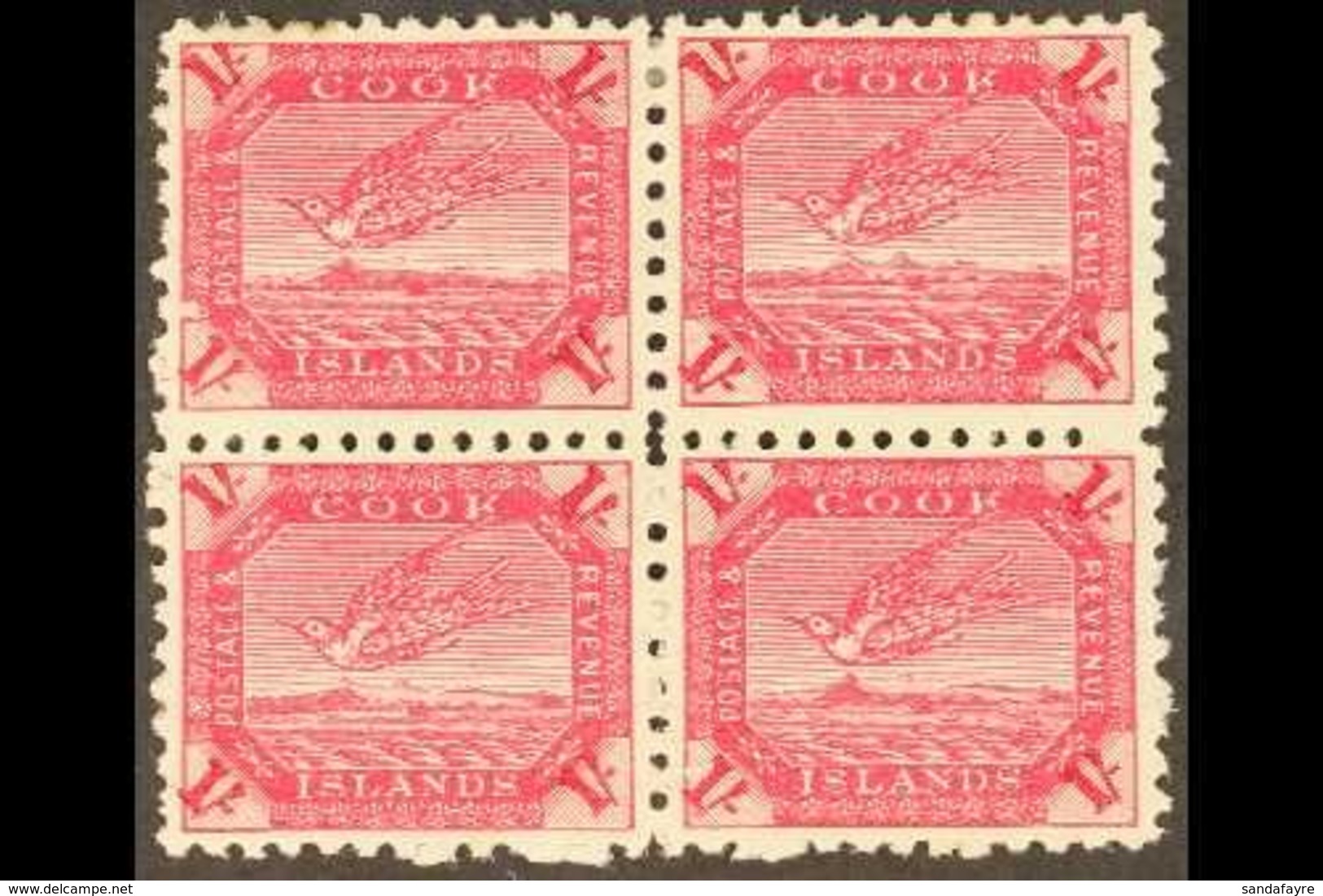 \Y 1893-1900\Y (perf 11) 1s Deep Carmine Torea (SG 20a) - A Very Fine Mint BLOCK OF FOUR, The Lower Pair NEVER HINGED. F - Cook Islands