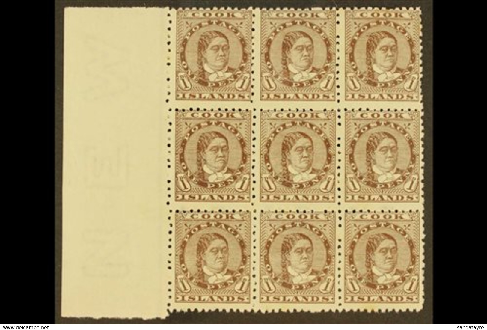 \Y 1893-1900\Y 1d Brown Queen, SG 5, A Superb Left Marginal Block Of Nine, Fine Mint With Eight Being Never Hinged, Very - Cook