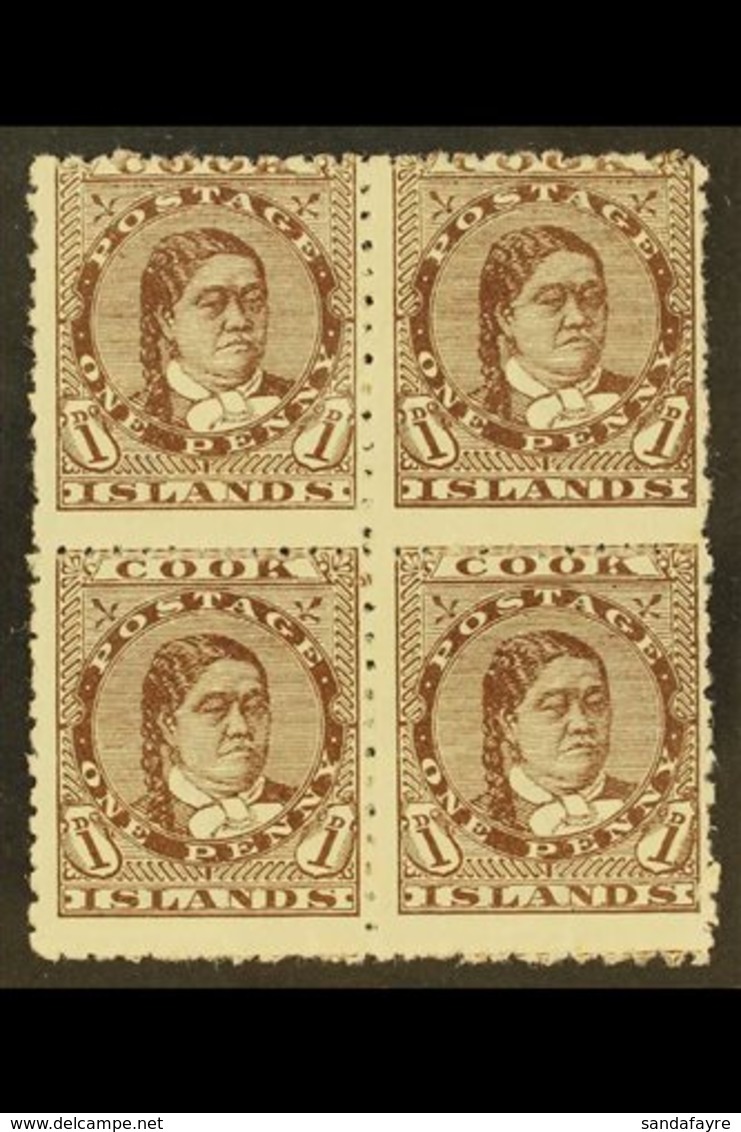 \Y 1893-1900\Y 1d Brown Queen, SG 5, Scarce Mint Block Of Four With Large Part Gum, Some Light Paper Adherence. For More - Cook Islands
