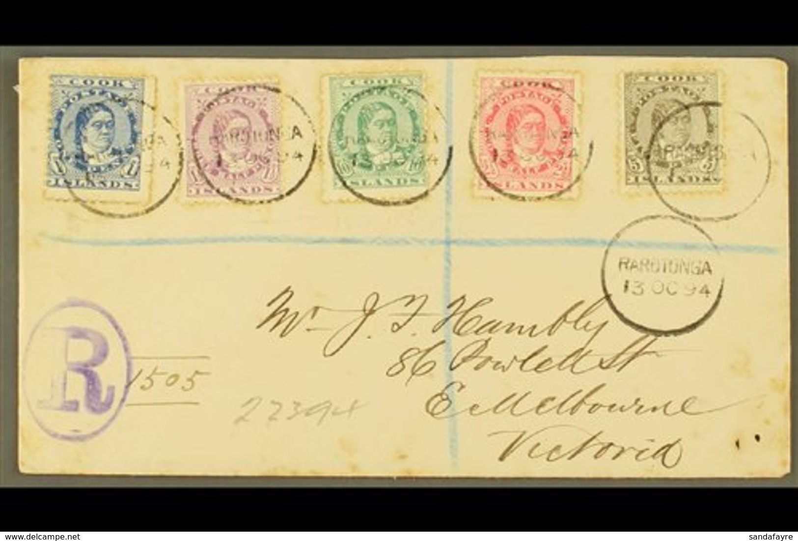 \Y 1894\Y (13th October) Envelope Registered To Victoria, Bearing Queen Makea Takau 1d Blue, 1½d, 2½d, 5d And 10d, Each  - Cook Islands