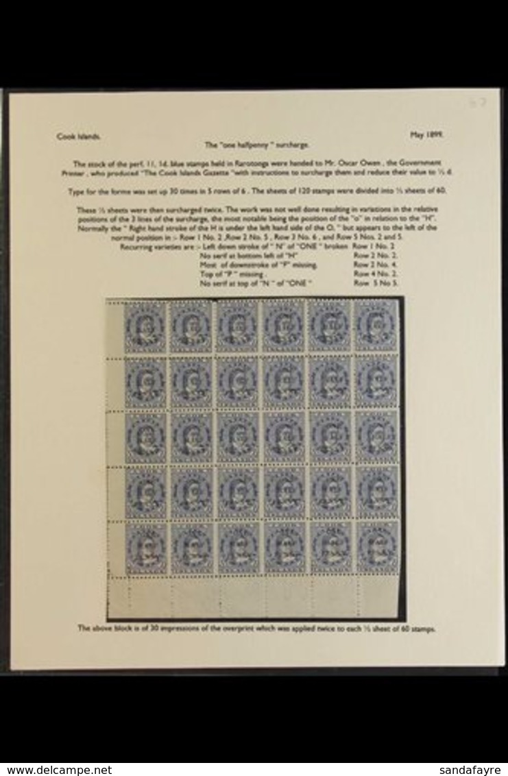 \Y 1899 ONE HALF PENNY SURCHARGE\Y Complete Bottom Right Half Pane Of 30 Stamps (margins To Left And Base) Showing The R - Cookinseln