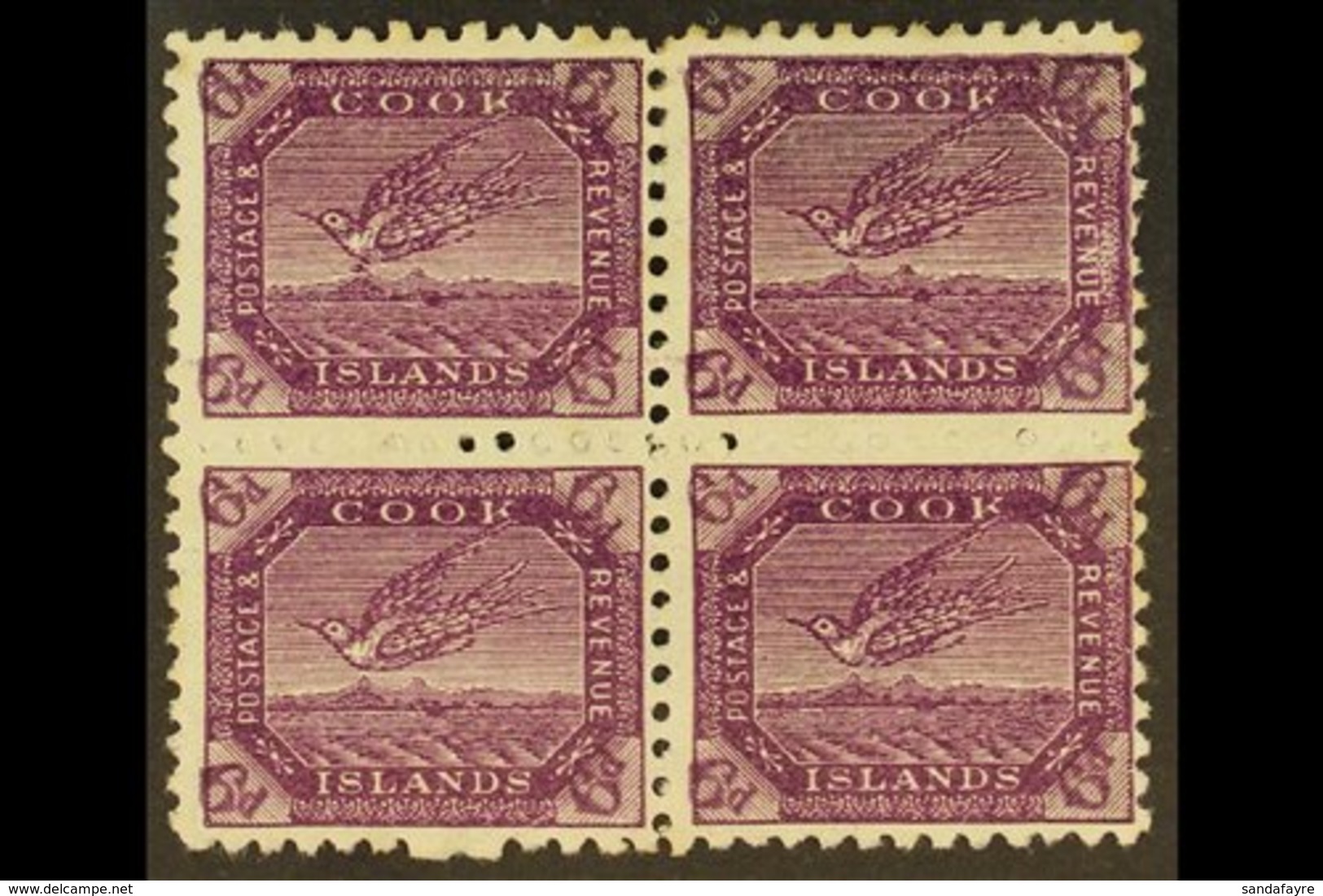 \Y 1900\Y 6d Bright Purple Tern, SG 18a, Fine Mint Block Of Four, Incl. R1/9 Coloured Mark Below Bird. For More Images,  - Cook Islands