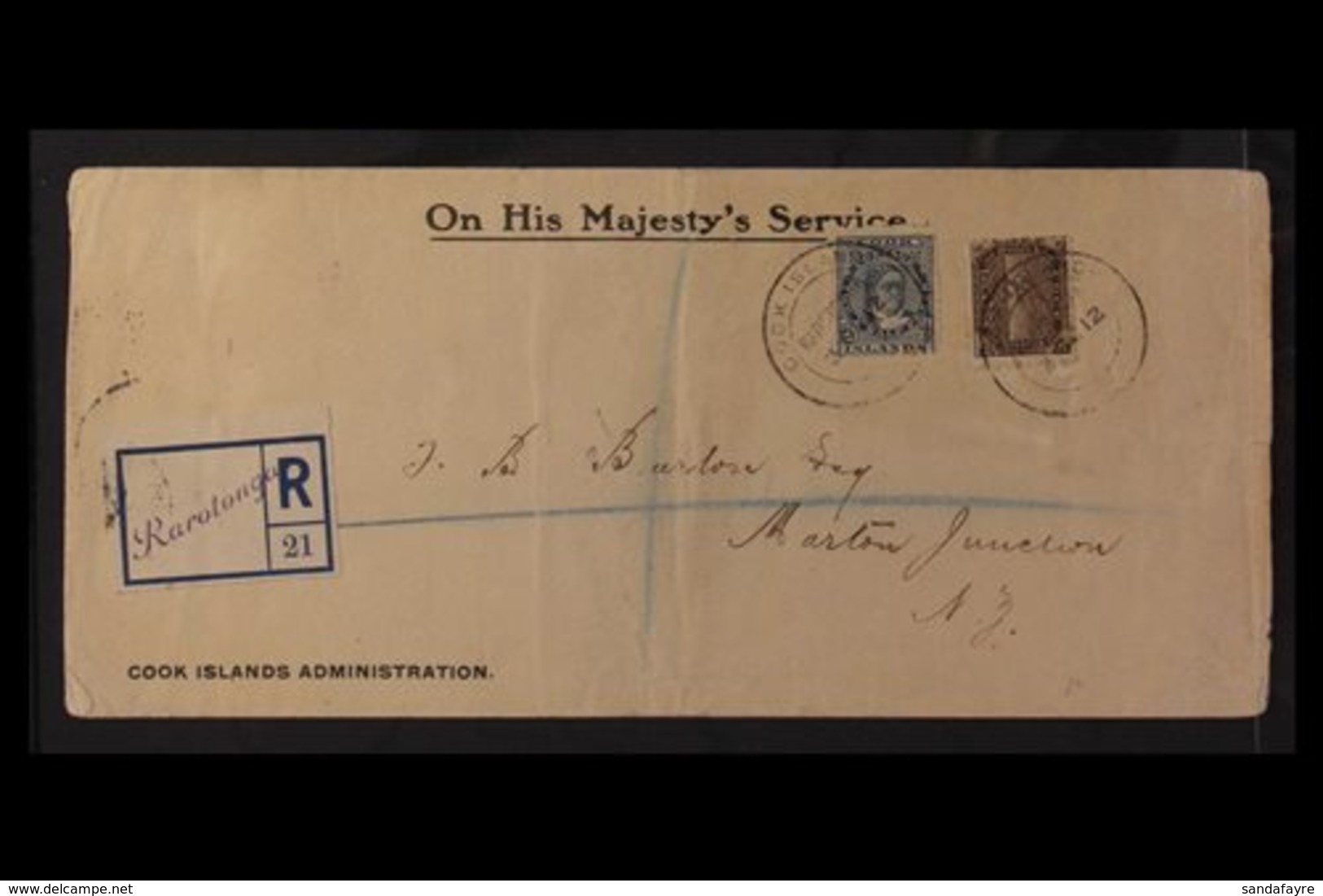 \Y 1912\Y (3 Oct) Registered Printed OHMS Cook Islands Administration Envelope Addressed To New Zealand, Bearing 2d & 2½ - Cookinseln