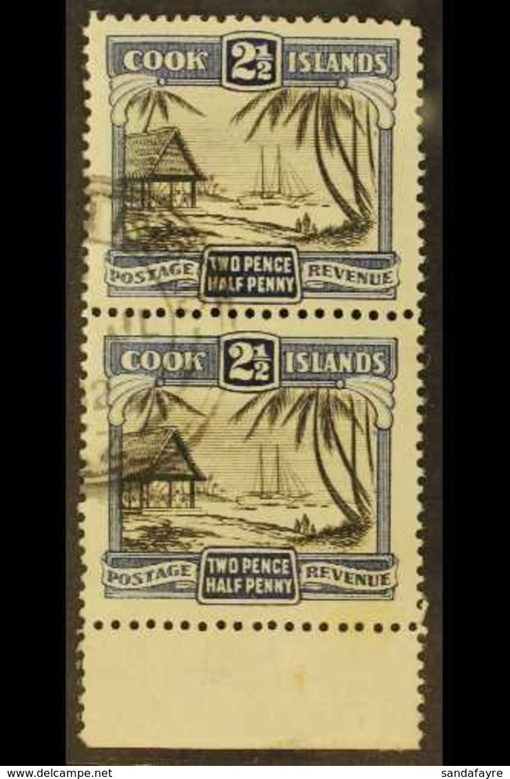 \Y 1932\Y 4d Black And Bright Blue Pictorial, Perf. 14 SG 102a, Vertical Lower Marginal Pair, Fine Cds Used.  For More I - Cook Islands