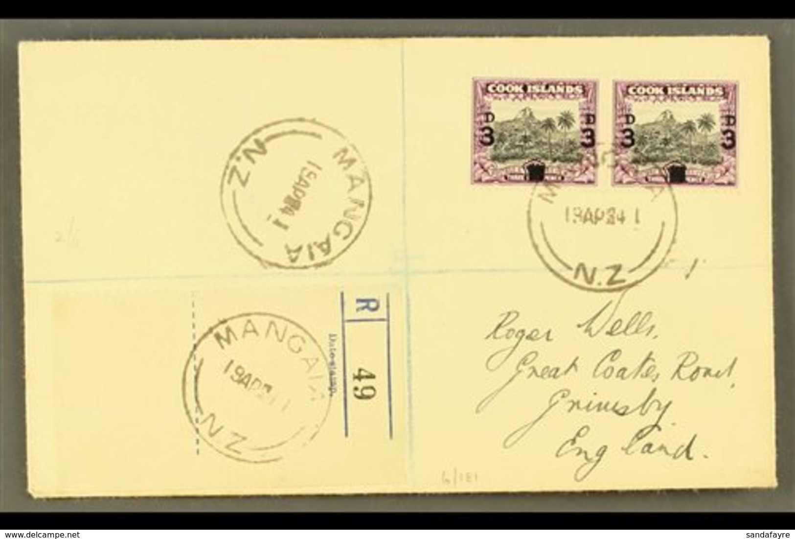 \Y 1940\Y 3d On 1½d Black And Purple, SG 130, Horizontal Pair On Neat 1941 "Wells" Envelope Registered MANGAIA To Englan - Cook Islands