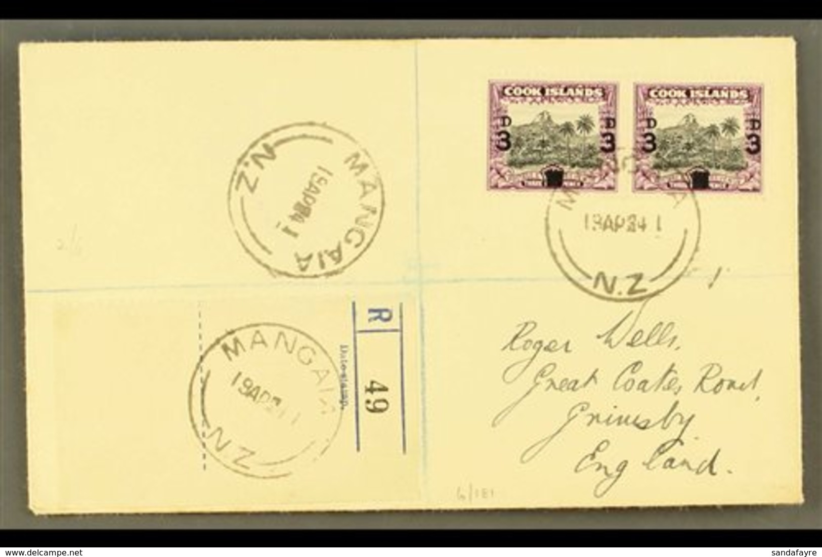 \Y 1940\Y 3d On 1½d Black And Purple, SG 130, Horizontal Pair On Neat 1941 "Wells" Envelope Registered MANGAIA To Englan - Cook