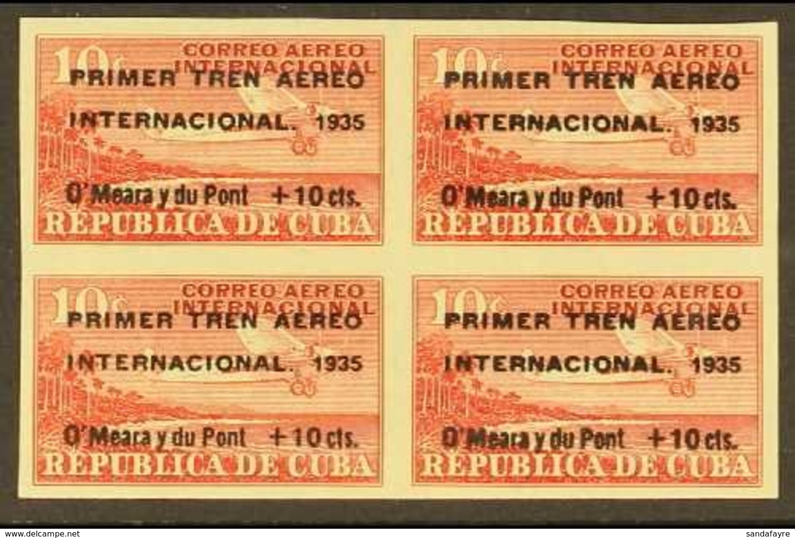 \Y 1935\Y AIR Miami-Havana "Air Train" 10c+10c Scarlet Imperf (Sc C17, SG 400A), BLOCK OF FOUR Never Hinged Mint. For Mo - Autres & Non Classés