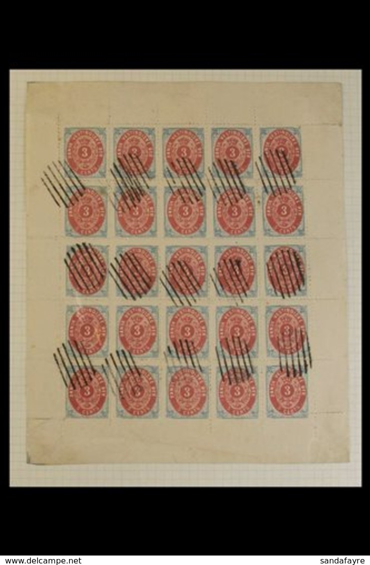 \Y 1873-1902\Y 3c Red & Blue (as Facit 15) SPIRO FORGERY Complete Sheet Of 25 With Selvedge To All Sides & Multiple Barr - Danish West Indies