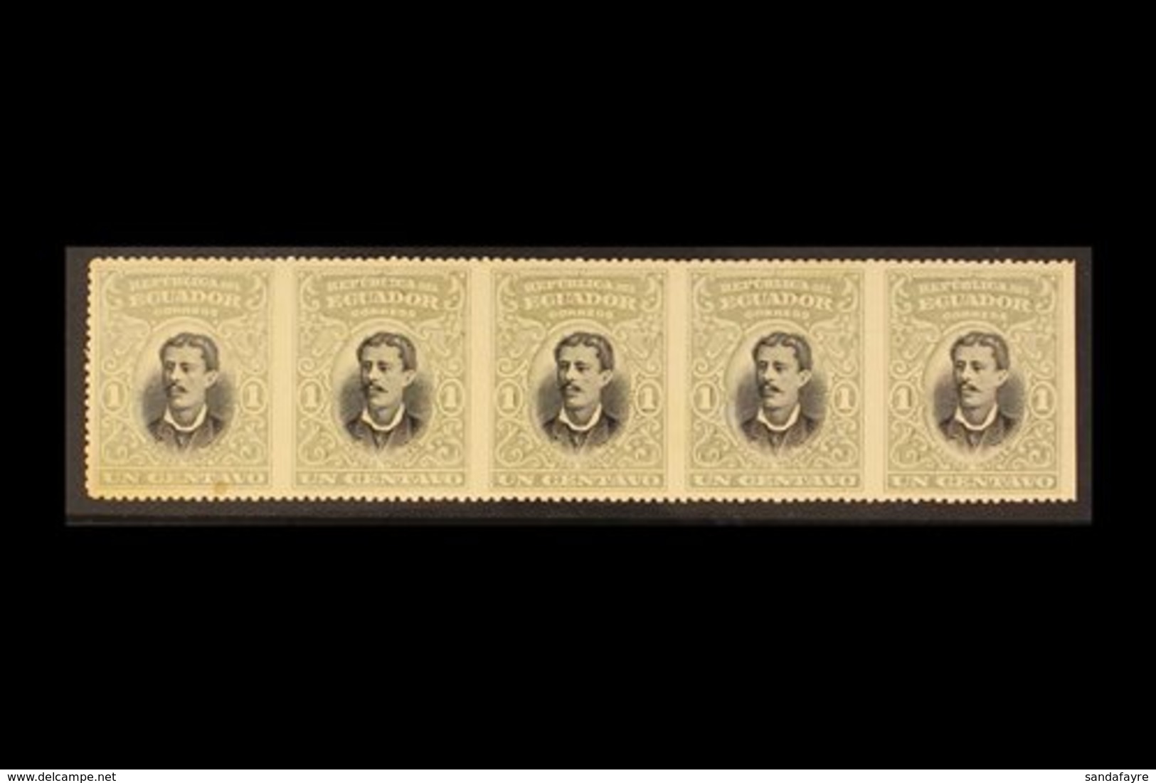 \Y 1899\Y 1c Grey-blue & Black Torres HORIZONTAL STRIP OF 5 IMPERF VERTICALLY Variety, Scott 137a, Never Hinged Mint, On - Ecuador