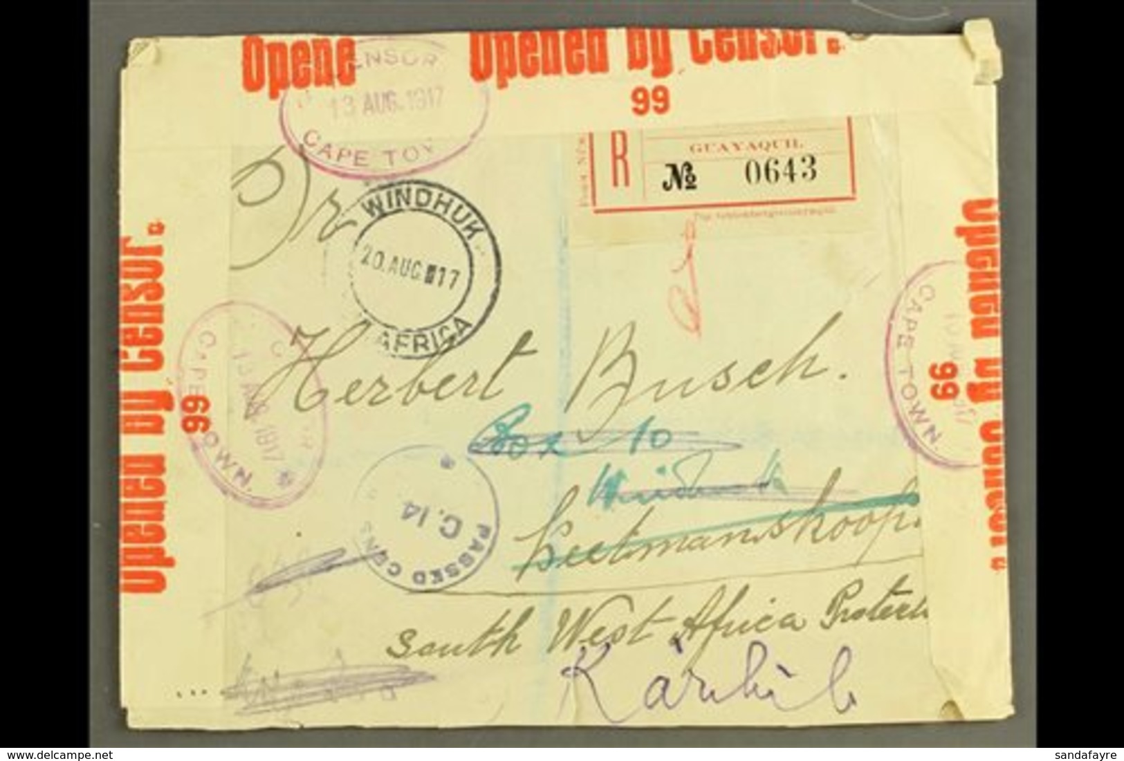 \Y 1917\Y DESTINATION MAIL - (13 Aug) Registered Env. To Keetmanshoop, SOUTH WEST AFRICA, Franked On Reverse With Seven  - Ecuador