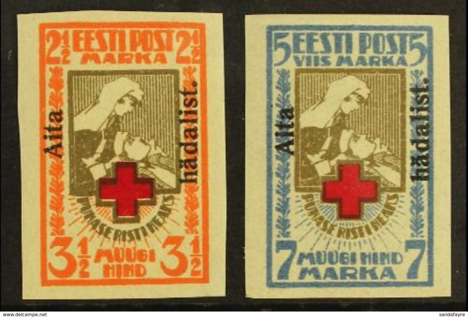 \Y 1923\Y "Aita Hadalist." Charity Overprints Complete Imperf Set (Michel 46/47 B, SG 49A/50A), Very Fine Mint, Fresh. ( - Estonia