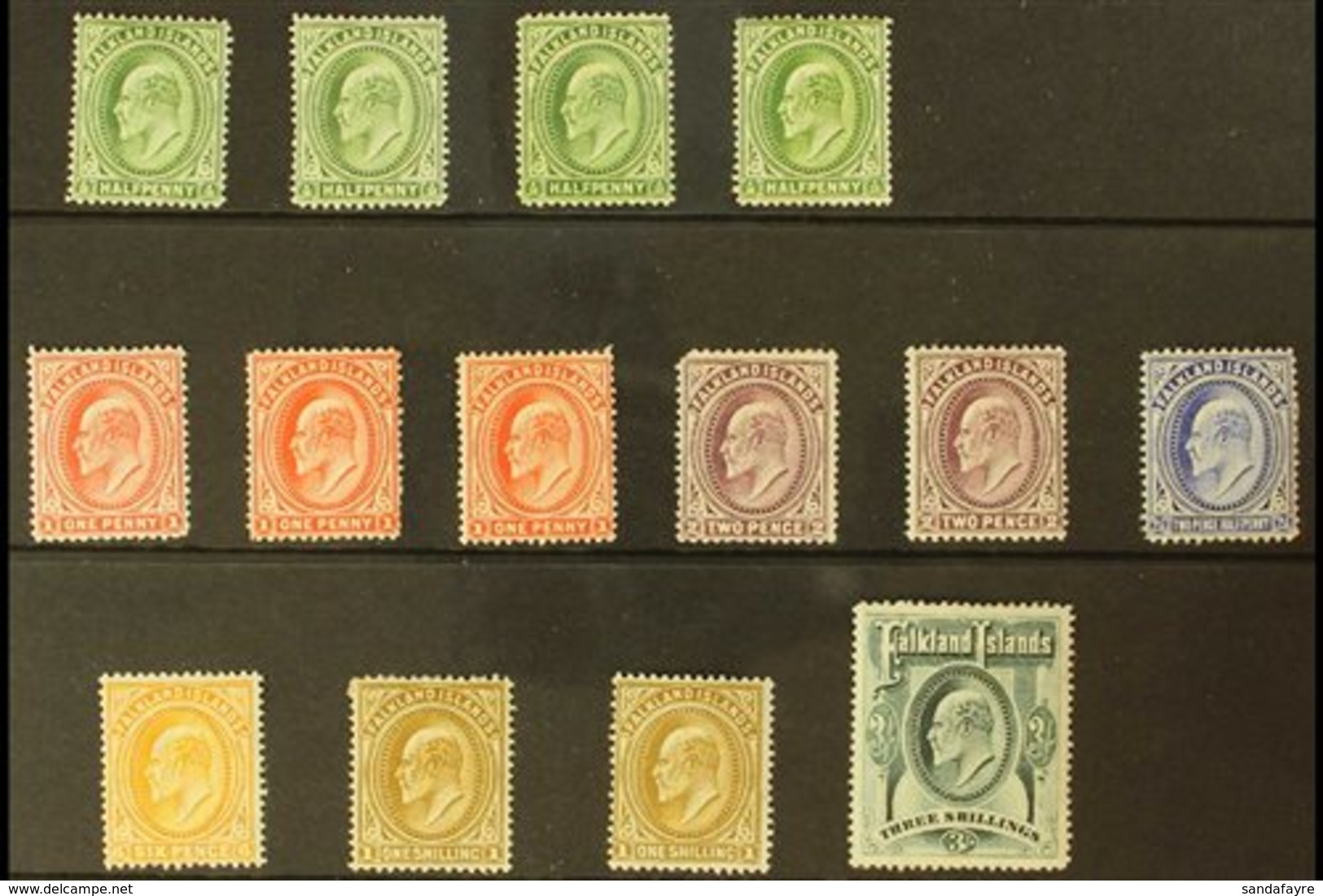 \Y 1904-12\Y KEVII Set To 3s Green, SG 43/49, Plus Some Additional Shades To 1s, Mint, Mostly Fine And Fresh. (14 Stamps - Falkland Islands