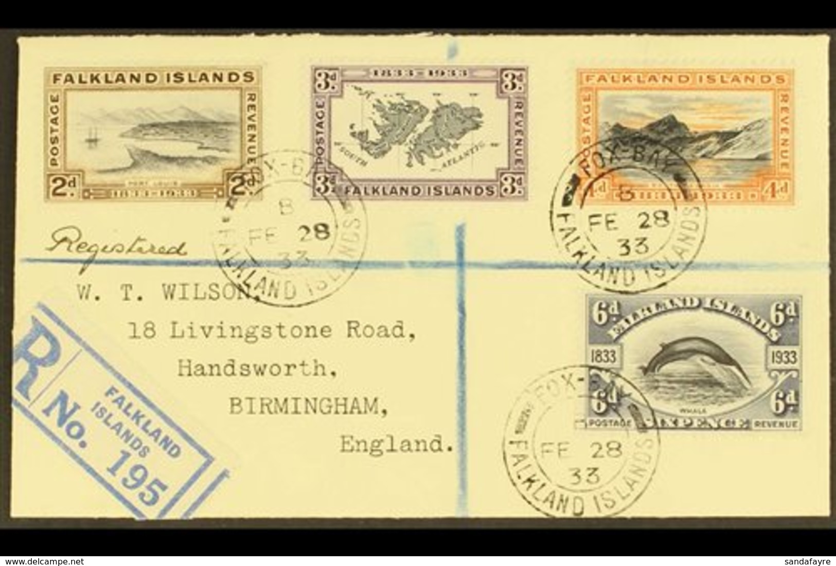 \Y 1933\Y (28 Feb) Registered "Wilson" Cover To England Bearing 1933 Centenary 2d, 3d, 4d, And 6d, SG 130/133, These Tie - Falkland