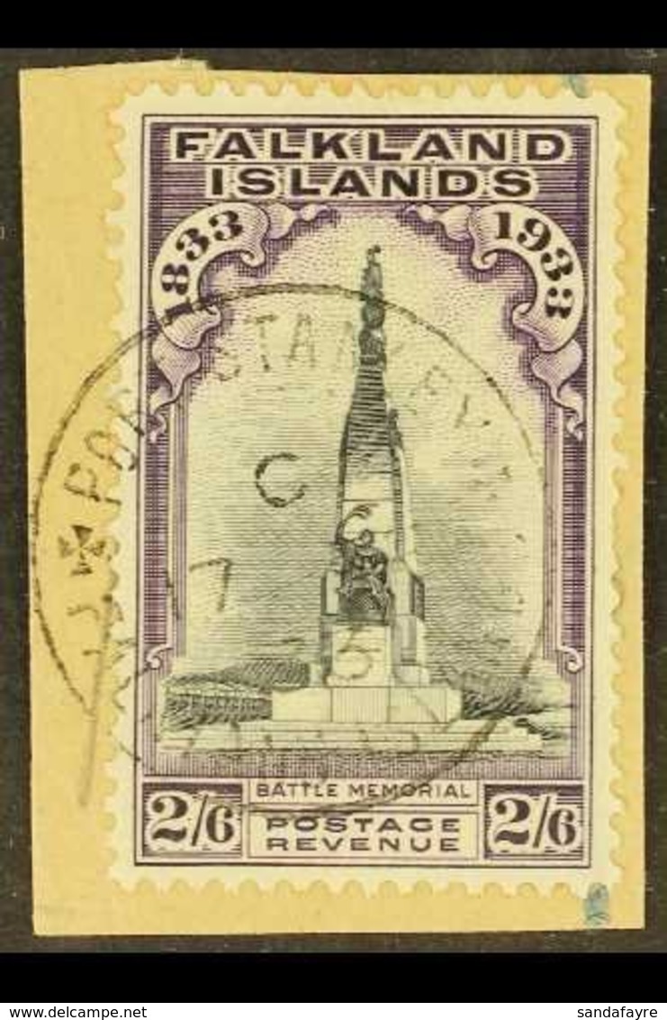 \Y 1933\Y Centenary 2s6d Black And Violet "Battle Memorial", SG 135, One Short Perf At Right, Tied On Small Piece By Fin - Falkland Islands