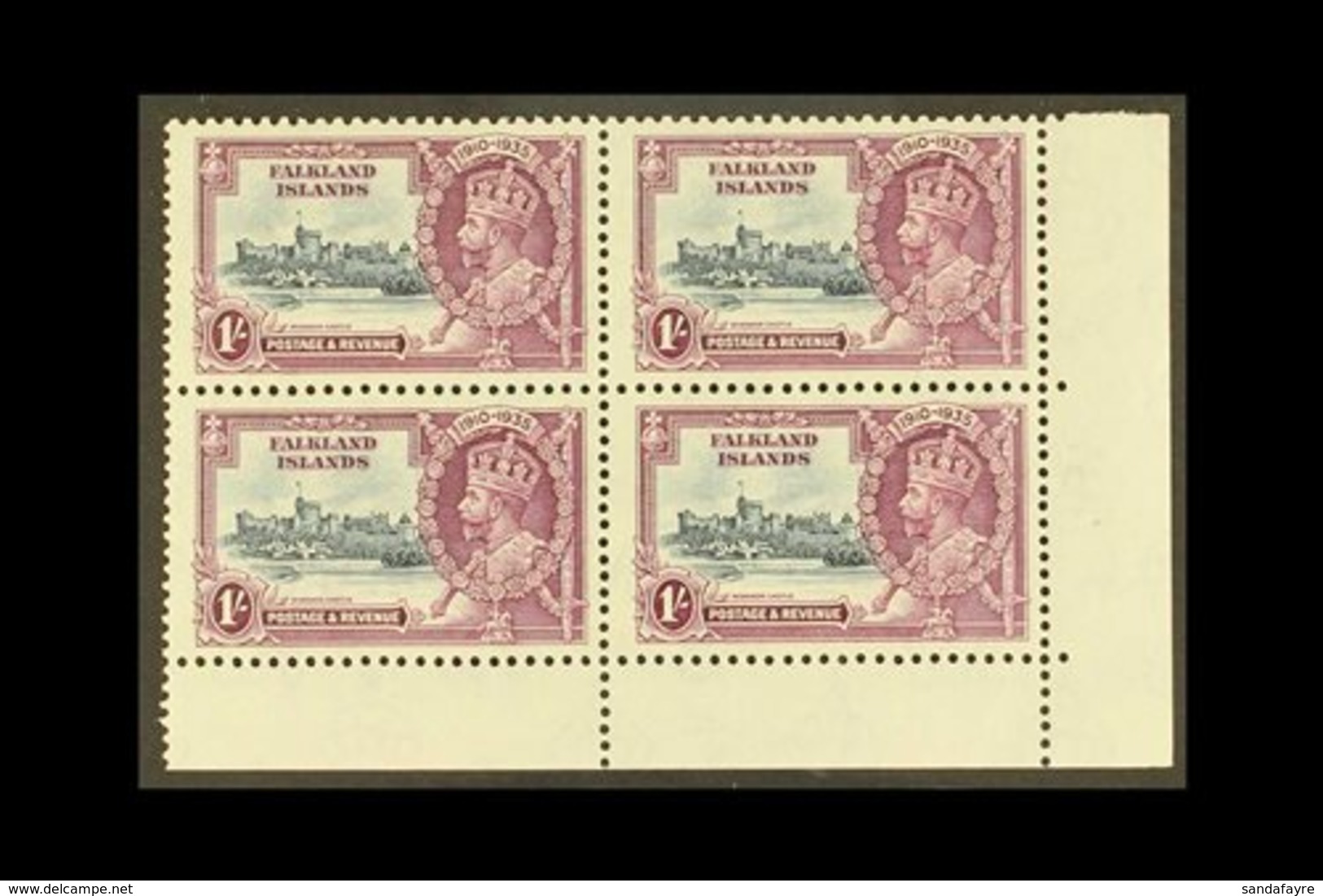 \Y 1935\Y 1s Slate & Purple Jubilee, SG 142, Never Hinged Mint Lower Right Corner BLOCK Of 4, Very Fresh. (4 Stamps) For - Falkland Islands