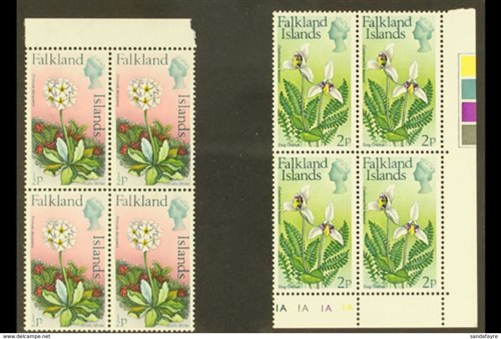 \Y 1974\Y Flowers Definitive ½d And 2d With Watermark Upright, SG 293/94, Never Hinged Mint Marginal BLOCKS OF FOUR. (2  - Falkland