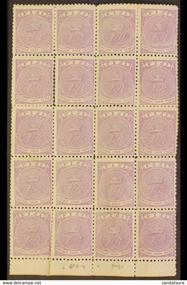 \Y 1878-99\Y 4d Mauve Perf 11, SG 56, Mint BLOCK OF TWENTY With Sheet Margin At Base, Twelve Examples Never Hinged, Some - Fiji (...-1970)