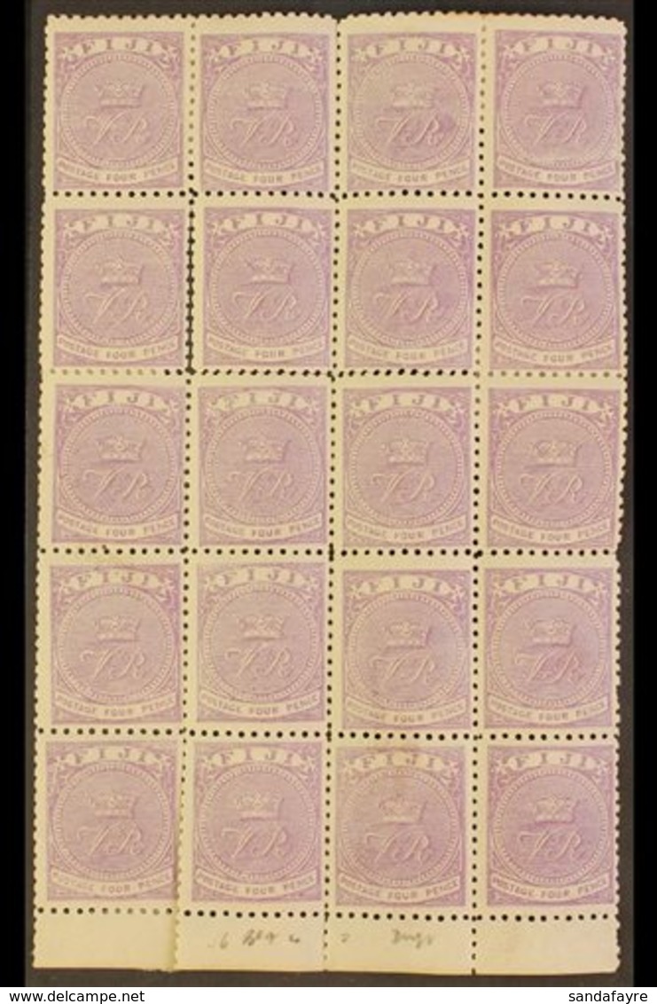 \Y 1878-99\Y 4d Mauve Perf 11, SG 56, Mint BLOCK OF TWENTY With Sheet Margin At Base, Twelve Examples Never Hinged, Some - Fidji (...-1970)