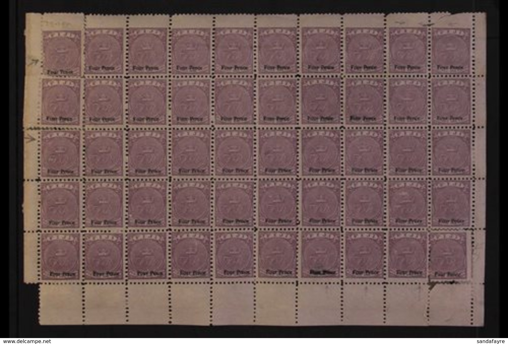 \Y 1878-99\Y 4d On 1d Mauve Perf 10 (SG 41) A COMPLETE SHEET OF FIFTY With Position 47 Showing An Unusually Heavily / Pa - Fidschi-Inseln (...-1970)