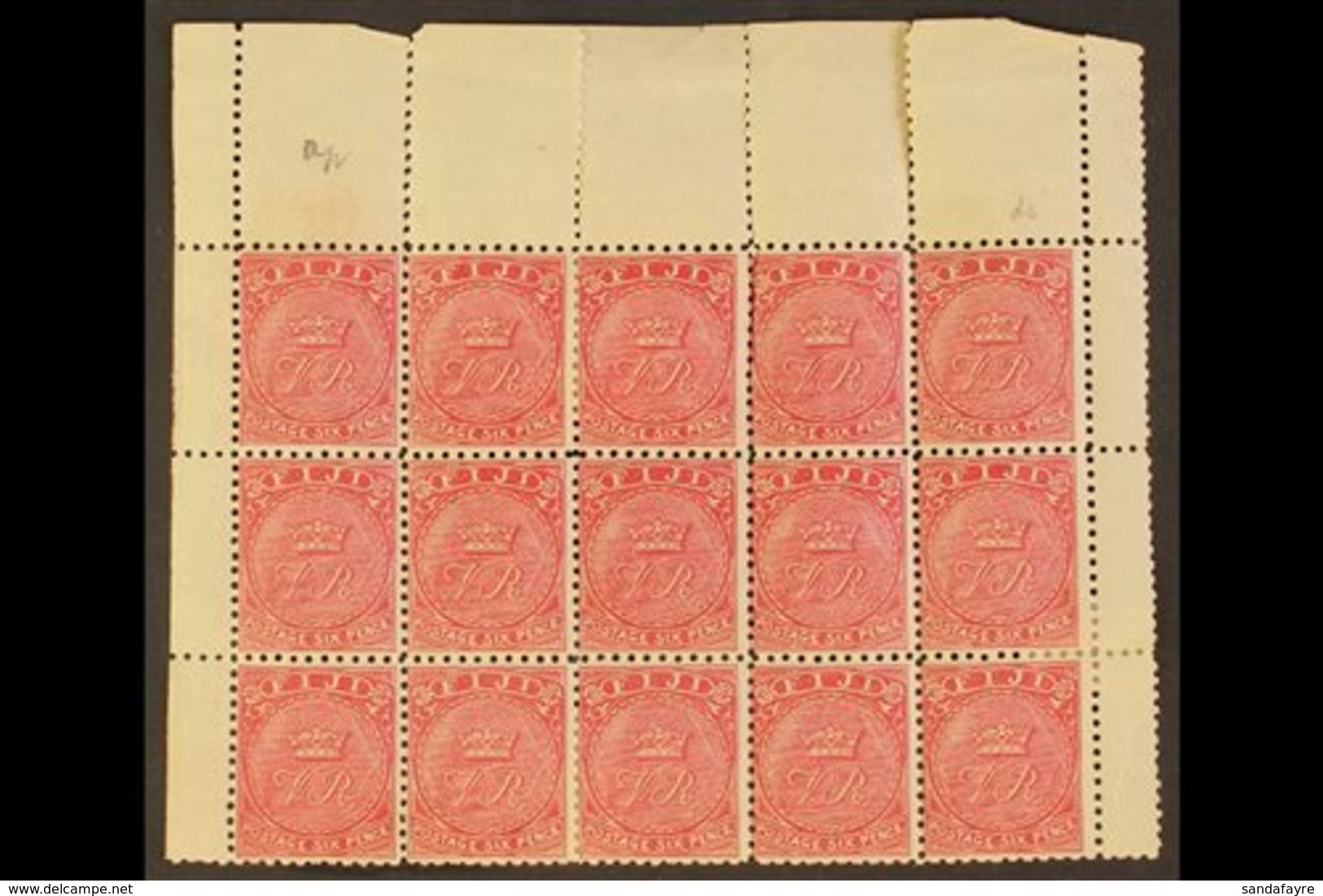 \Y 1878-99\Y 6d Bright Rose Perf 11 X 11¾, SG 59a, Mint PART SHEET OF FIFTEEN With Selvage On 3 Sides, Nine Stamps Never - Fidschi-Inseln (...-1970)