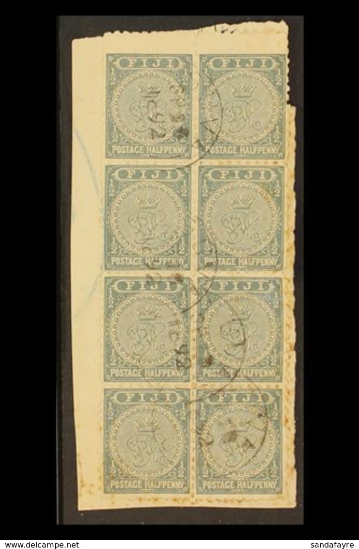 \Y 1891-98\Y ½d Slate- Grey Perf 11x10, SG 81, Used BLOCK OF EIGHT Tied To Piece, Some Imperfections But A Scarce Multip - Fiji (...-1970)