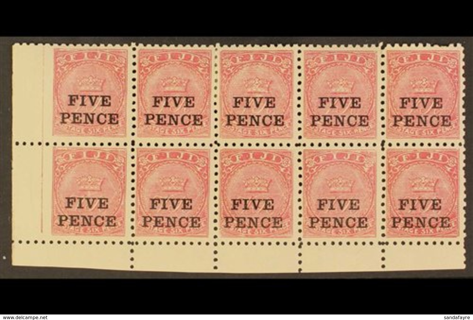 \Y 1892\Y 5d On 6d Rose, SG 75, Mint BLOCK OF TEN From The Lower- Left Corner Of The Sheet, Five Lower Stamps Never Hing - Fidschi-Inseln (...-1970)