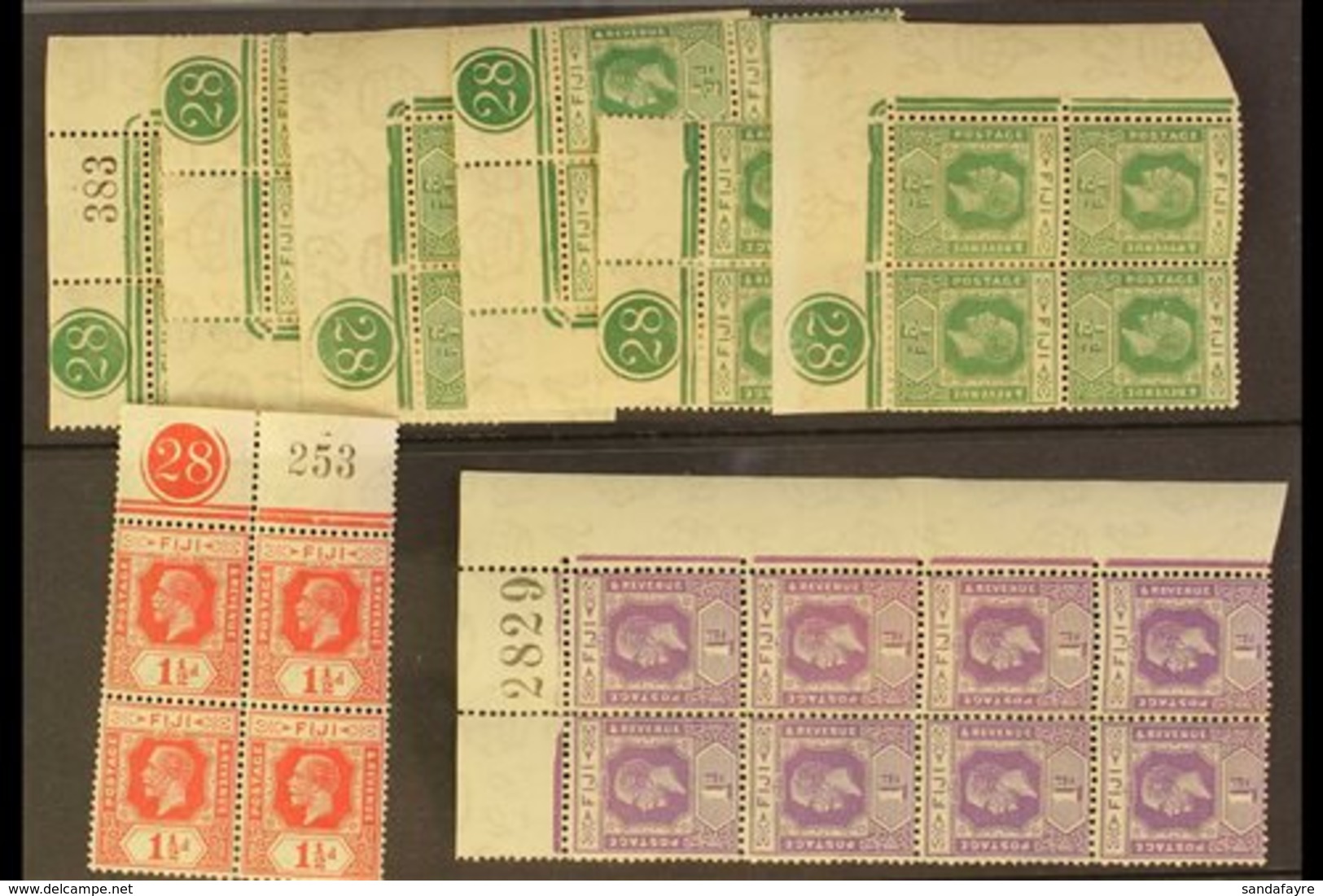 \Y 1922-27\Y Wmk Script CA Group Of Mint Blocks With Sheet Selvage, Plate Numbers & Sheet Numbers (8 Items = 36 Stamps)  - Fiji (...-1970)