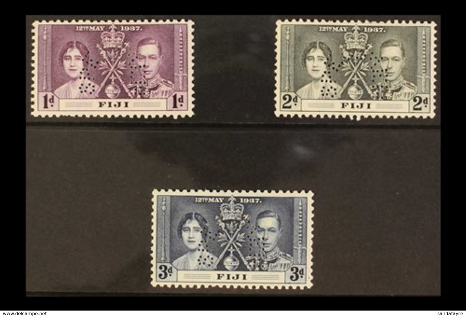 \Y 1937\Y Coronation Set Perf "SPECIMEN", SG 246s/248s. Very Fine Mint, The 1d With Short Perf At Base (3 Stamps) For Mo - Fidschi-Inseln (...-1970)