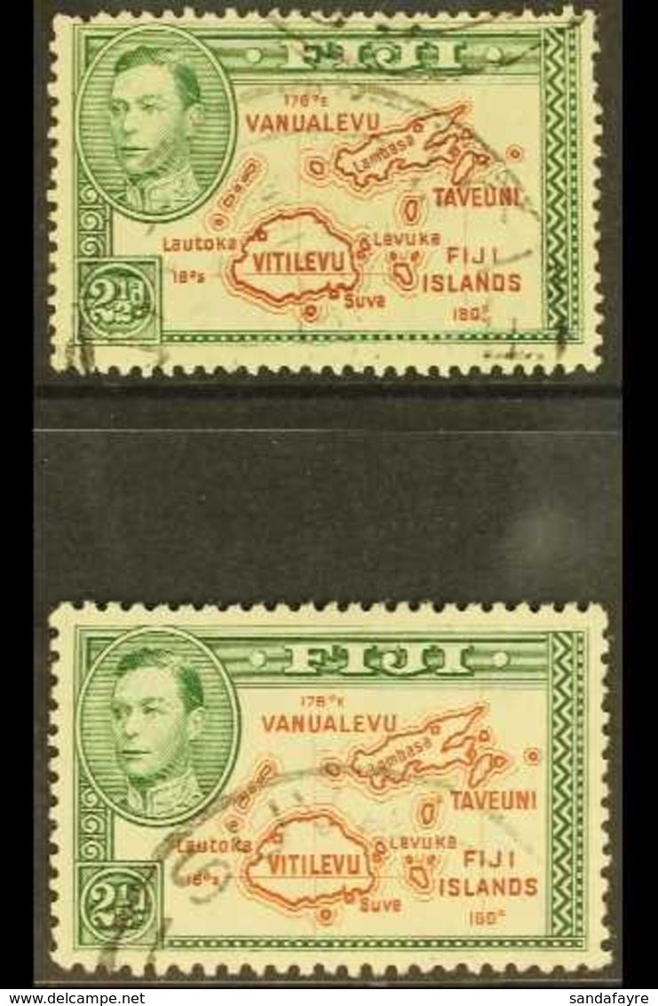 \Y 1942-48\Y 2½d Brown And Green Map Stamp, Perf 13½ And Perf 12, Each Showing Extra Island Variety, SG 256 Ba And Ca, F - Fiji (...-1970)