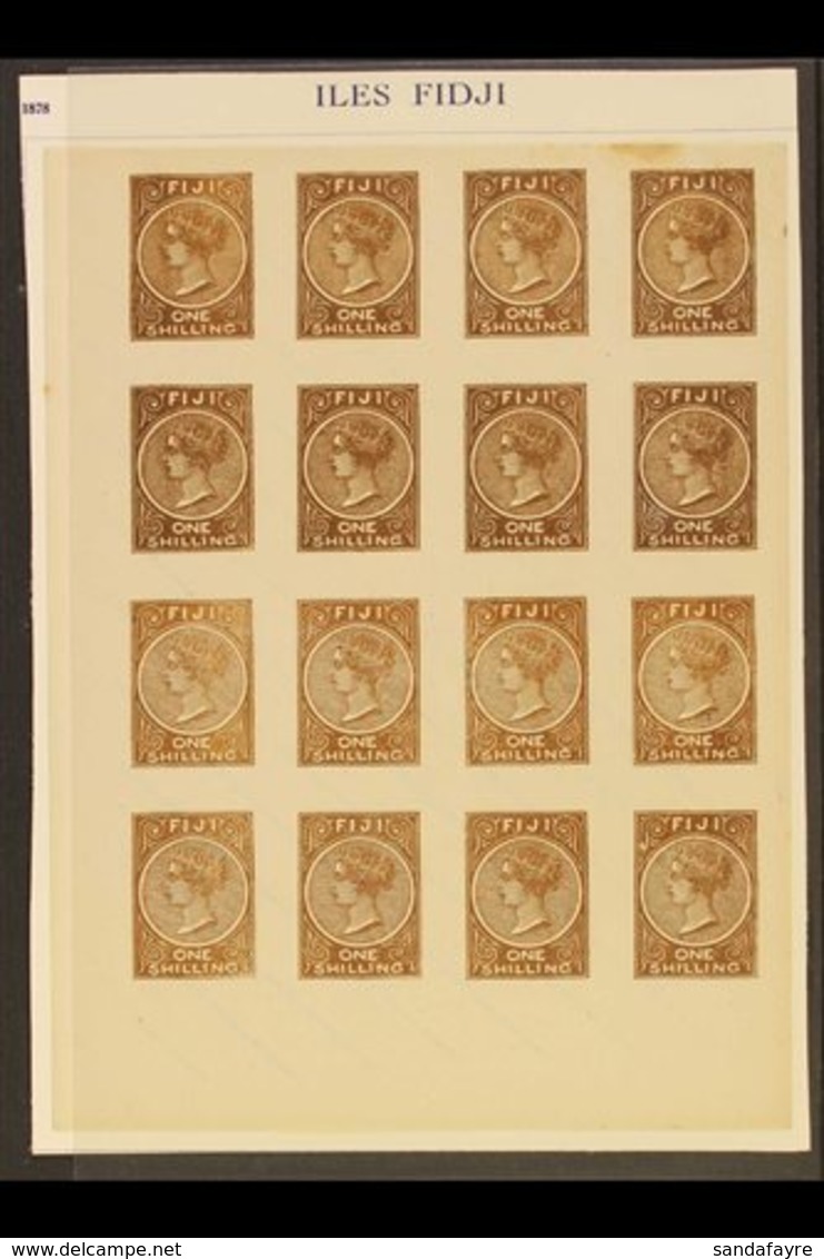 \Y FOURNIER FORGERIES.\Y 1881 1s Brown Imperforate Block Of 16 Forgeries By Francois Fournier, With Blue "Facsimile" Und - Fidschi-Inseln (...-1970)