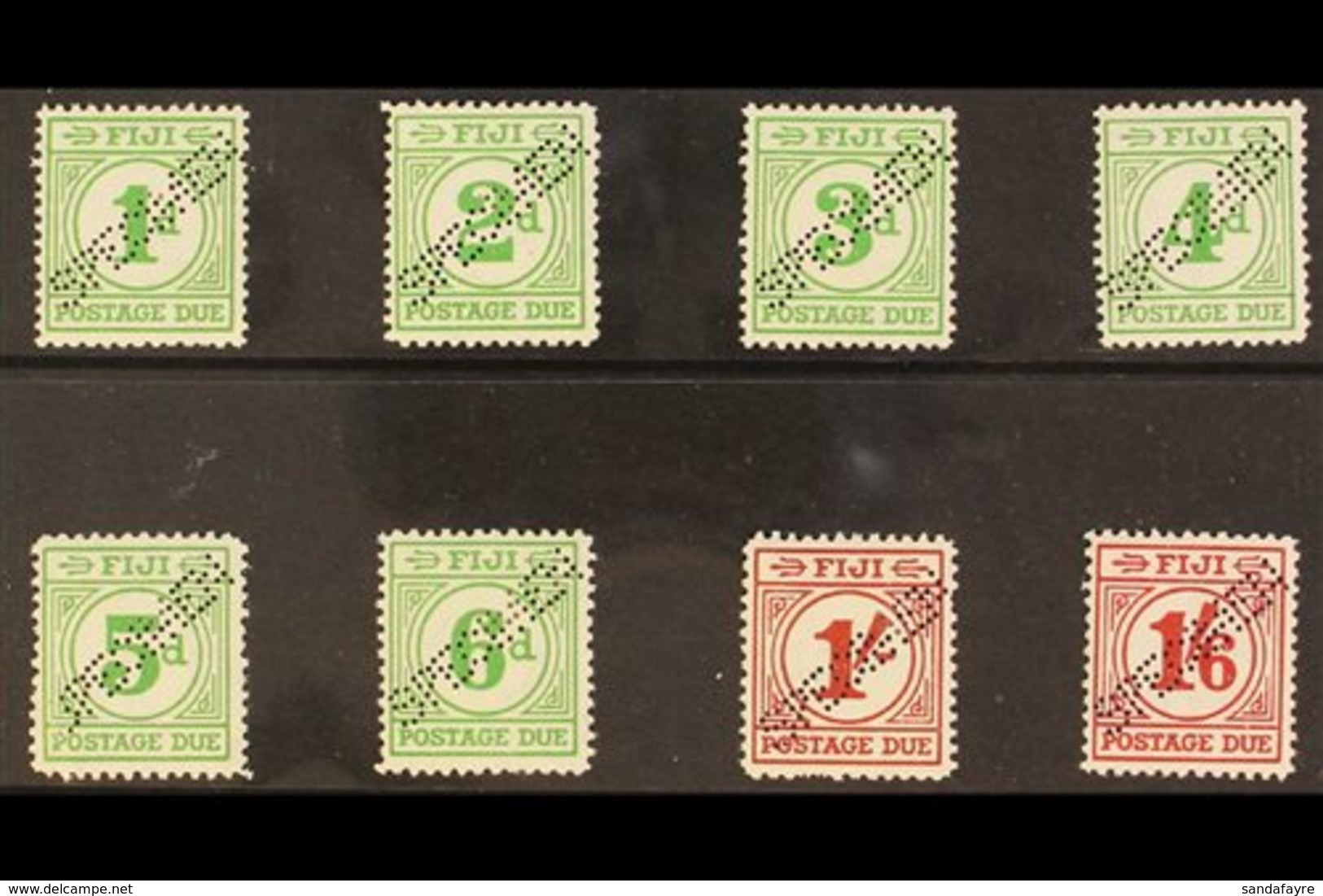 \Y POSTAGE DUE\Y 1940 Set Complete Perf "SPECIMEN", SG D11s/18s, Very Fine Mint, The 5d With Repaired Corner (8 Stamps)  - Fiji (...-1970)