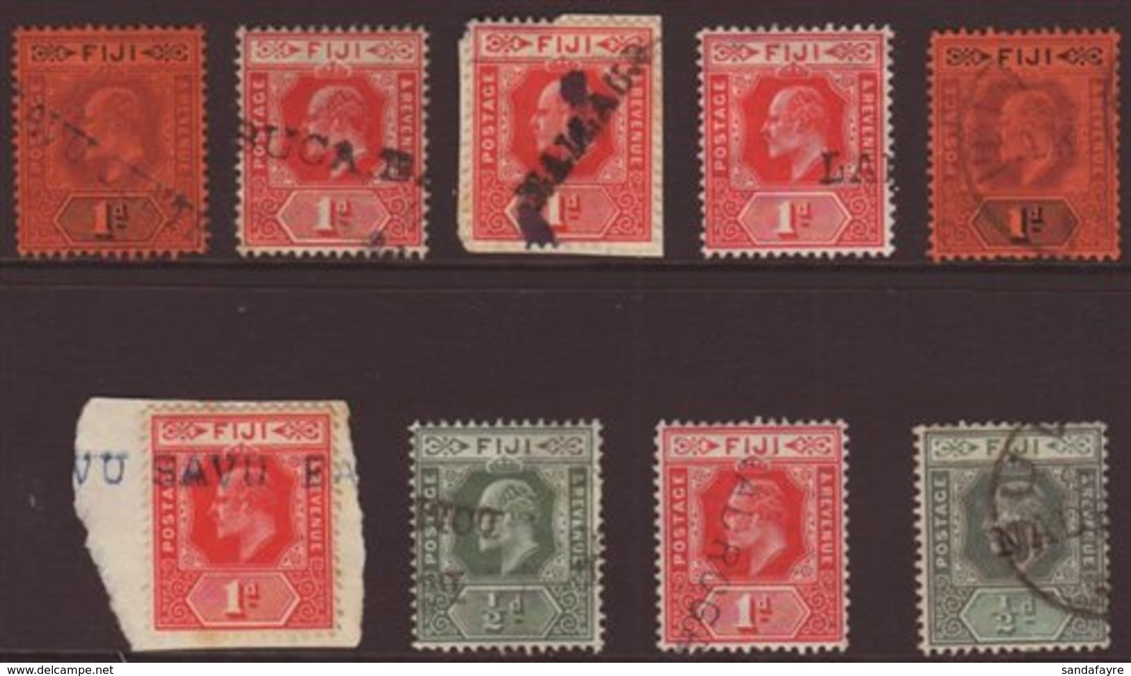 \Y STRAIGHT LINE VILLAGE CANCELS\Y A Fine Group Of Various KEVII ½d And 1d Values Showing A Range Of Part Straight Line  - Fiji (...-1970)